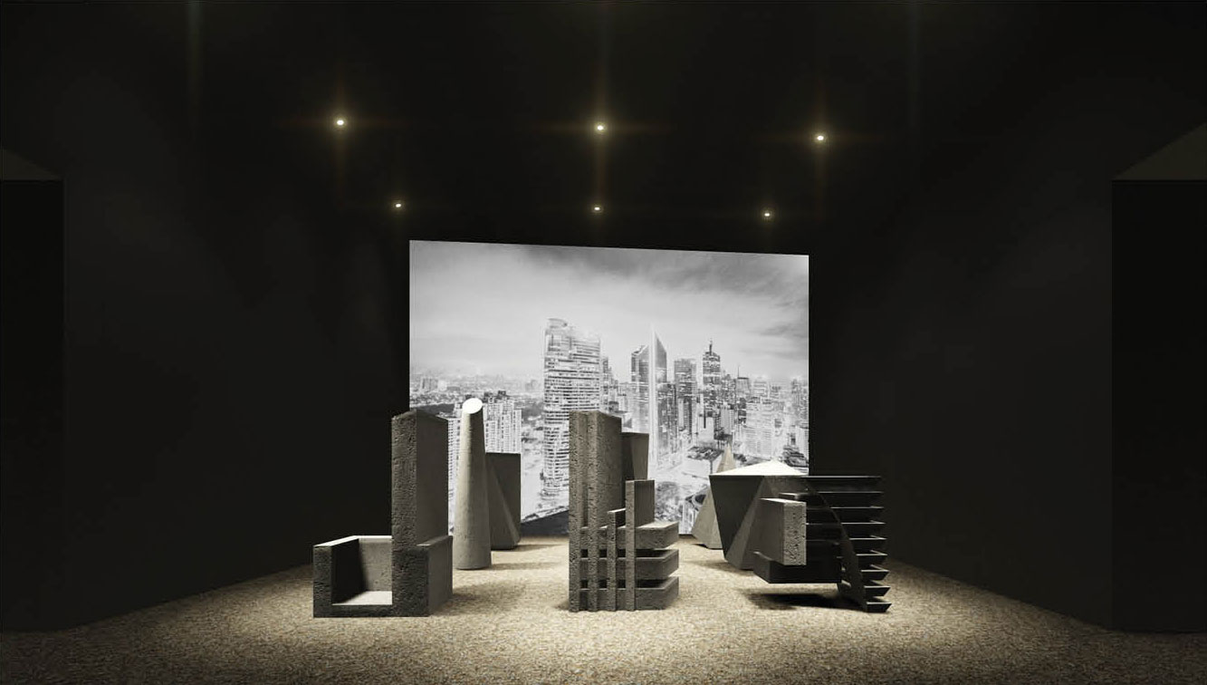 One of the first perspectives of the pavilion, showing the "History" room. A video screen will be set up on one wall, showing videos that explain the artists' concepts for each muhon. 