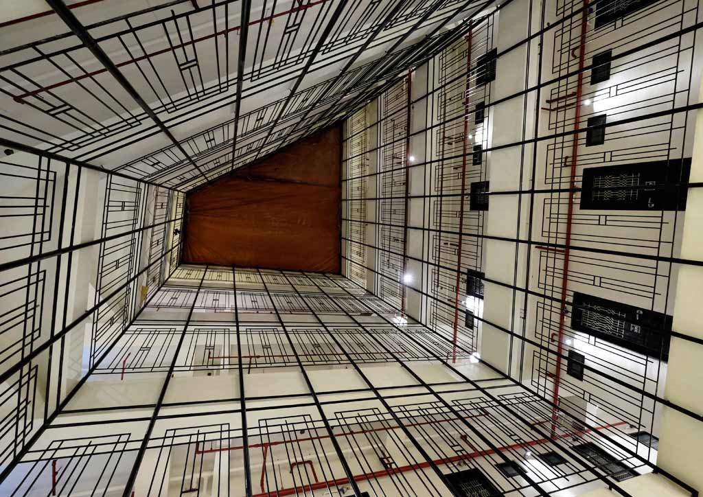 Looking up at the student dormitory corridors from the atrium of the new Youniversity Suites.