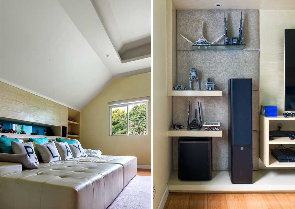 A lavish chandelier and plush circular rug serve to center off-white seating and a coffee table encrusted with mother-of- pearl in the high-ceilinged living area.