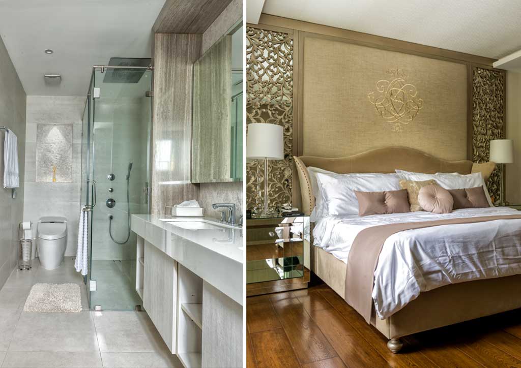 A lavish chandelier and plush circular rug serve to center off-white seating and a coffee table encrusted with mother-of- pearl in the high-ceilinged living area.