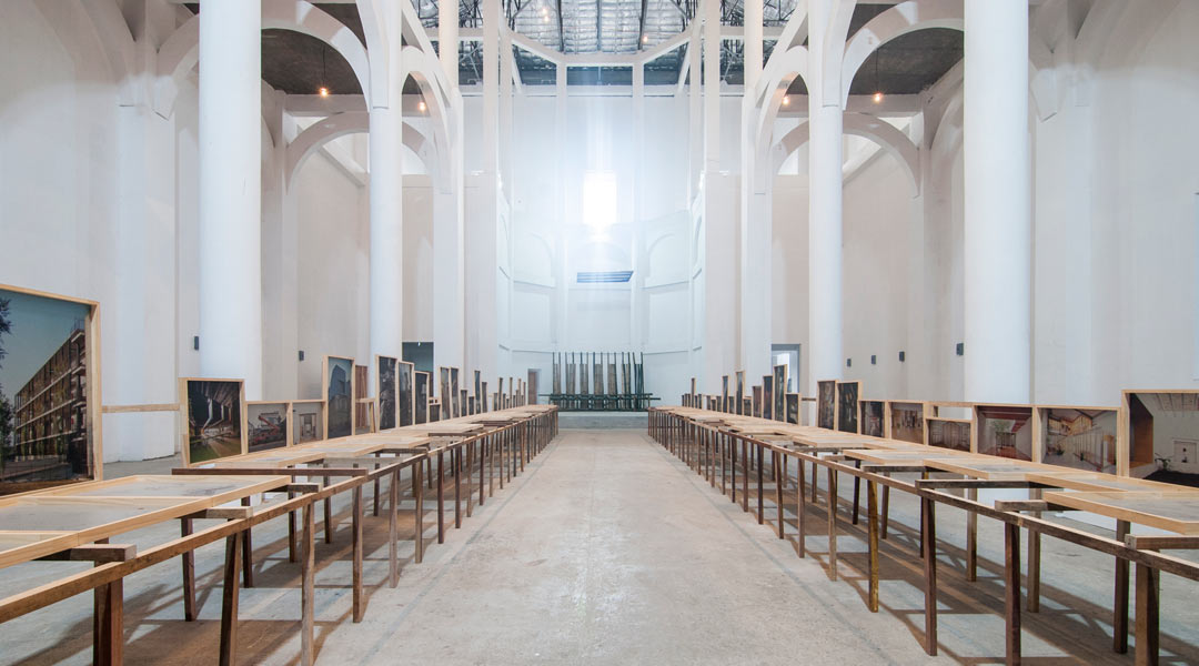 55 Spanish projects flank the aisle of the San Ignacio Church for the 