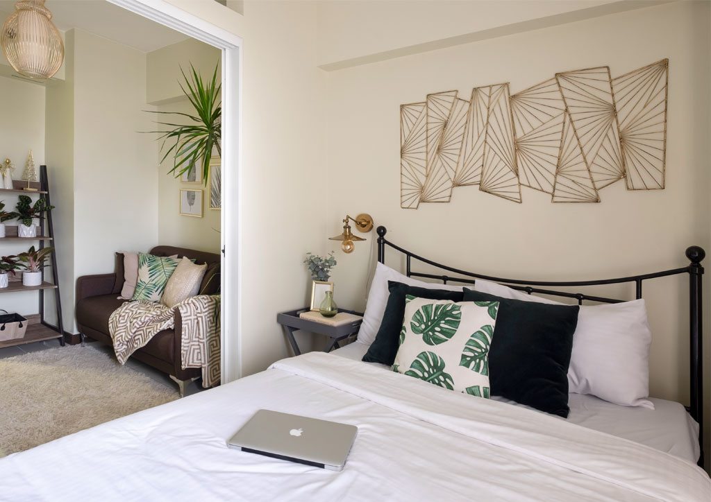 condoliving scandinavian chic rental condo sleeping area view from balcony