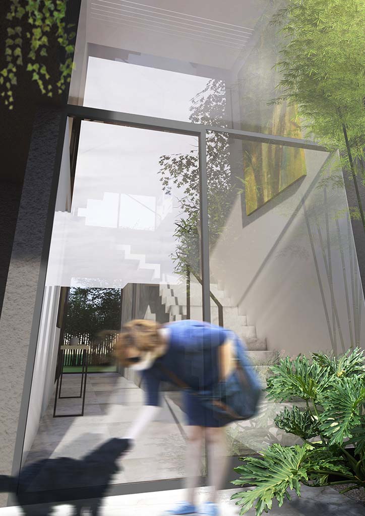 A woman pets her dog at the entry way of a modern bahay kubo.