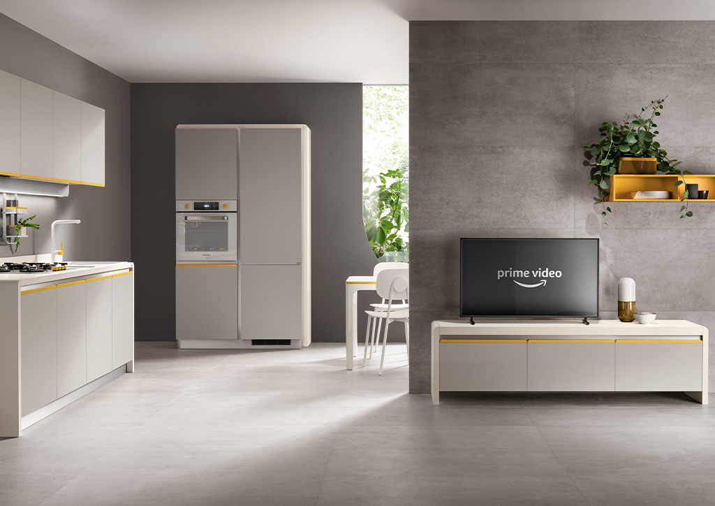 In compact homes, Dandy Plus excels with the bridge element that frames base units and tall units.