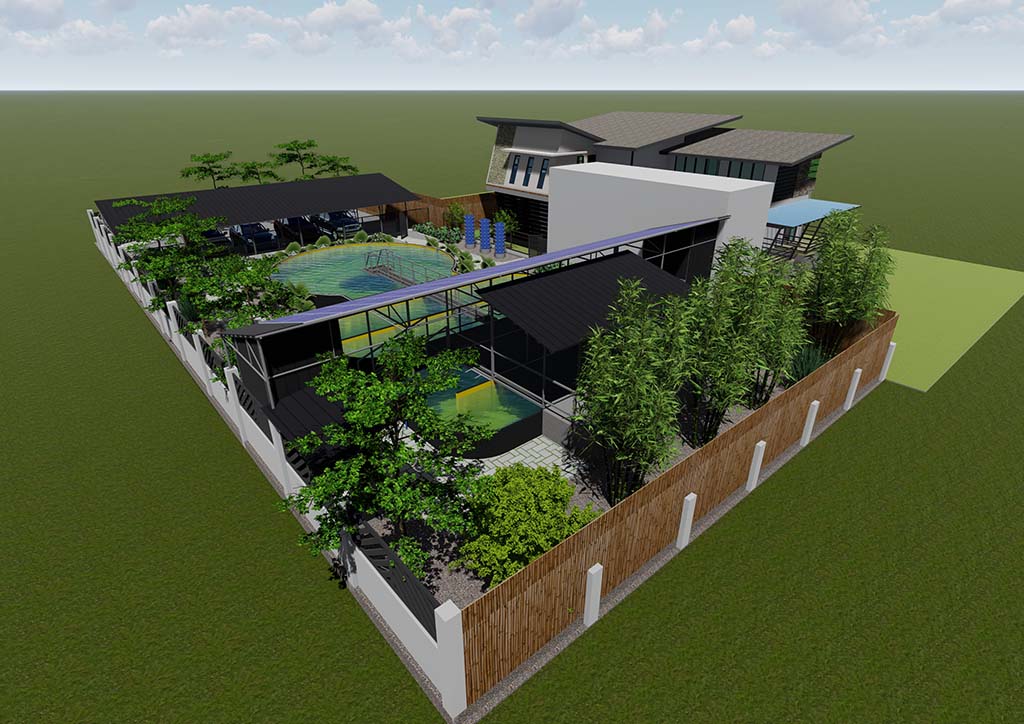 3D rendering of the property featuring the parking area, fishponds, solar panels on the roof, and a small modernist structure