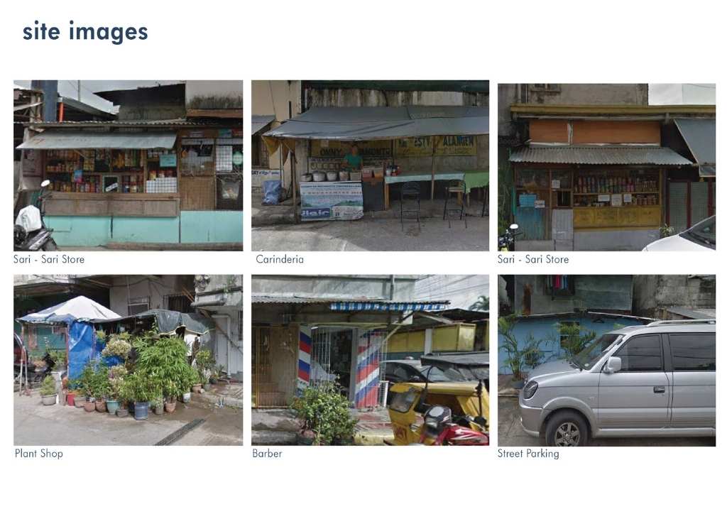 shots of sari sari stores, carinderia, plant shop, and street parking along Magiliw street