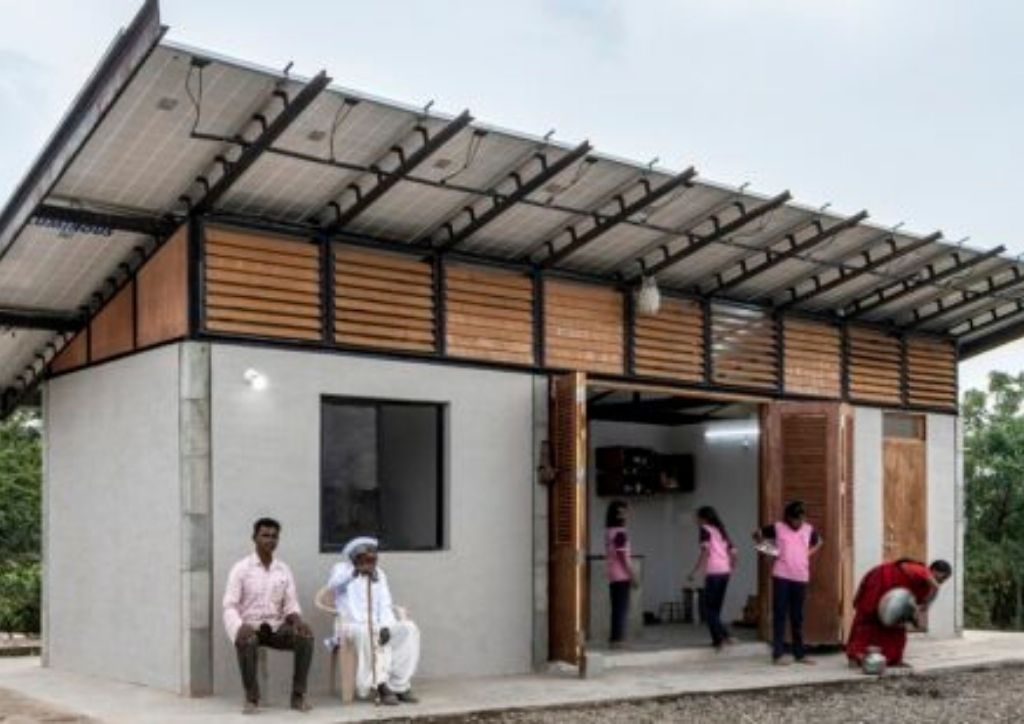 A prefab house using prefabrication techniques.