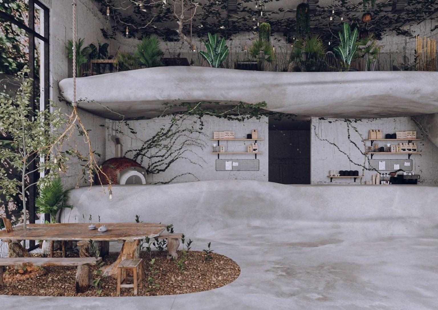 A restaurant interior in Cairo, Egypt made to appear like a synthetic rock canyon with creeping vines