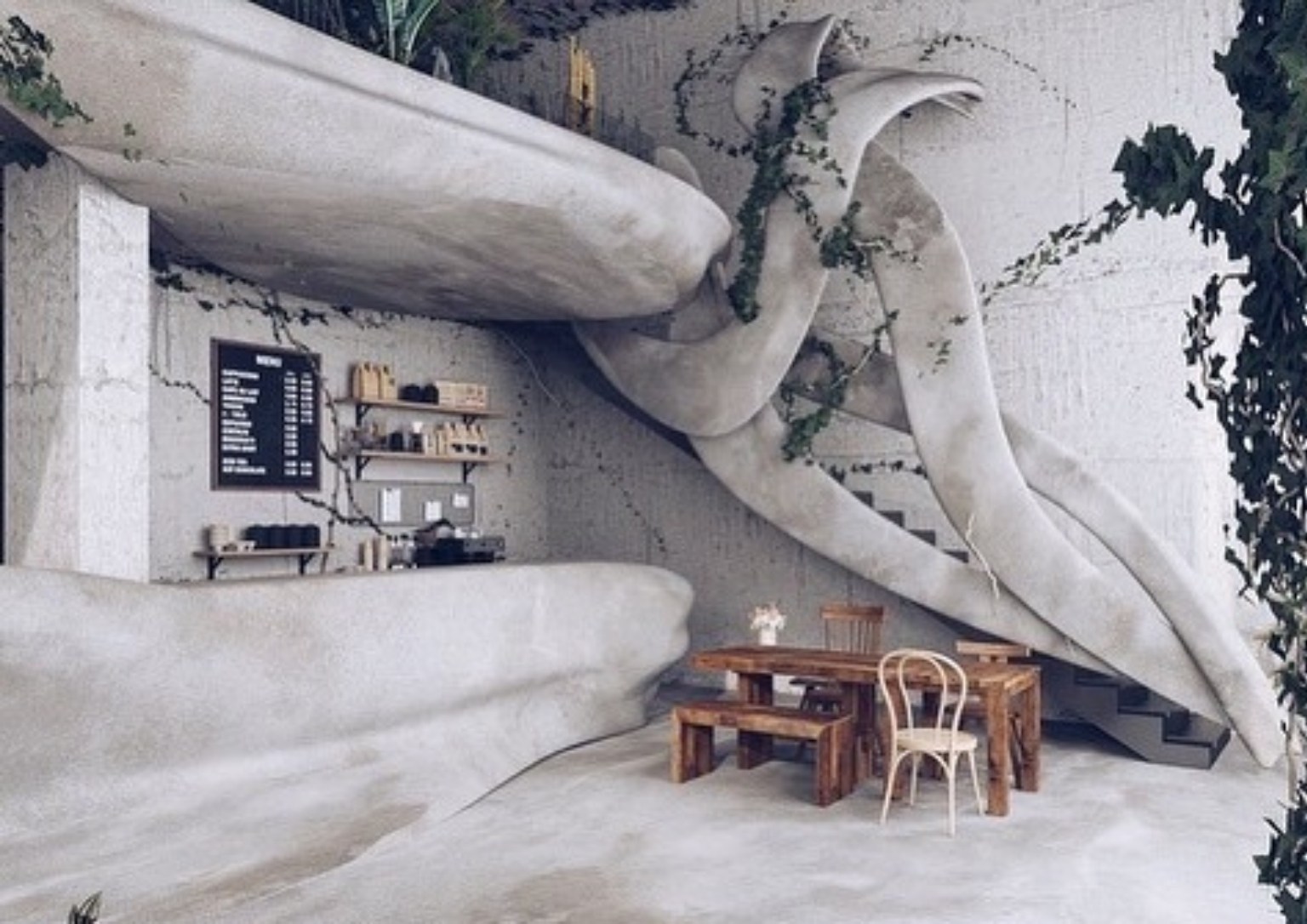 A restaurant interior in Cairo, Egypt made to appear like a synthetic rock canyon with creeping vines