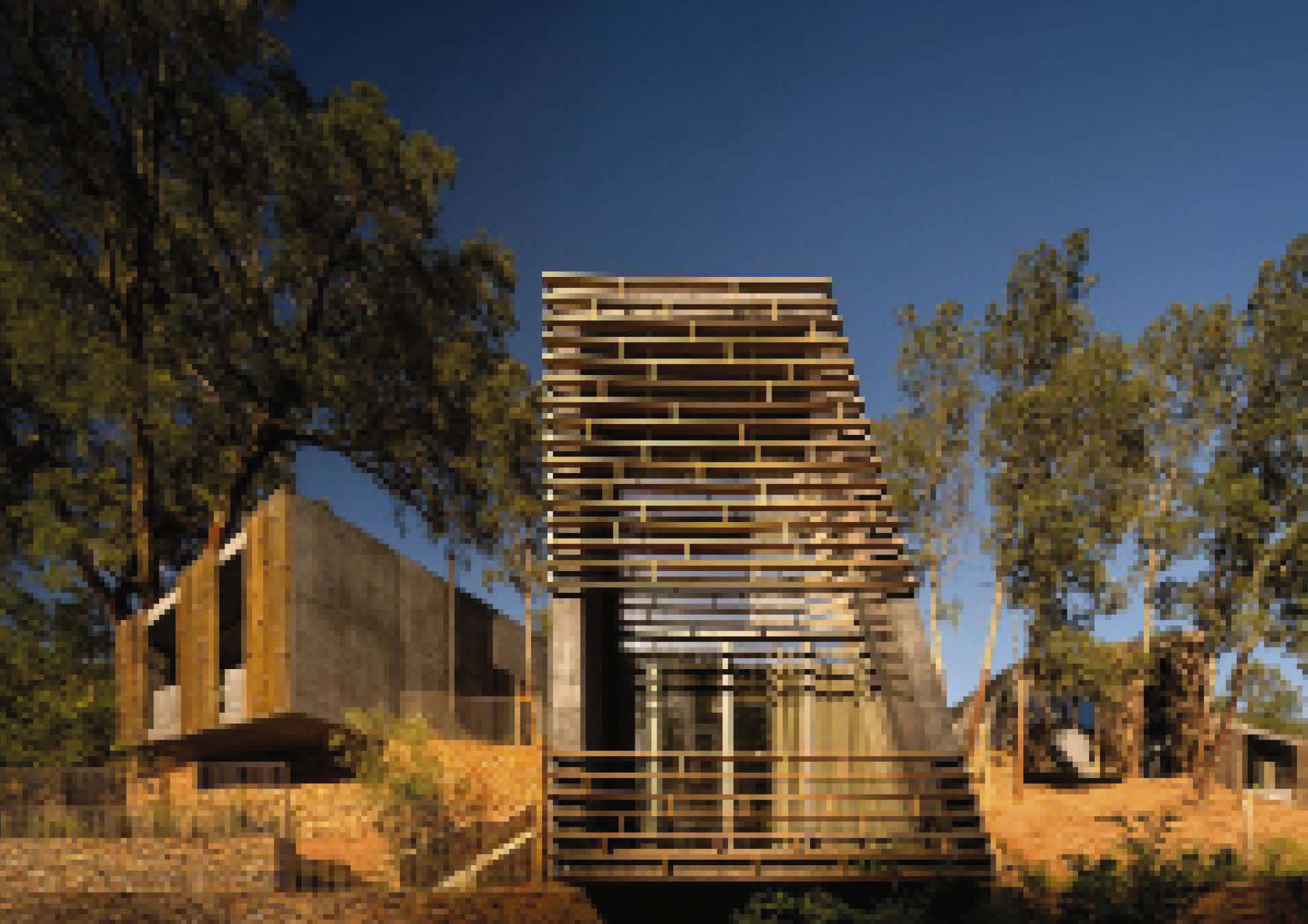 An angular roofline using prefabricated materials and sustainably sourced bamboo.