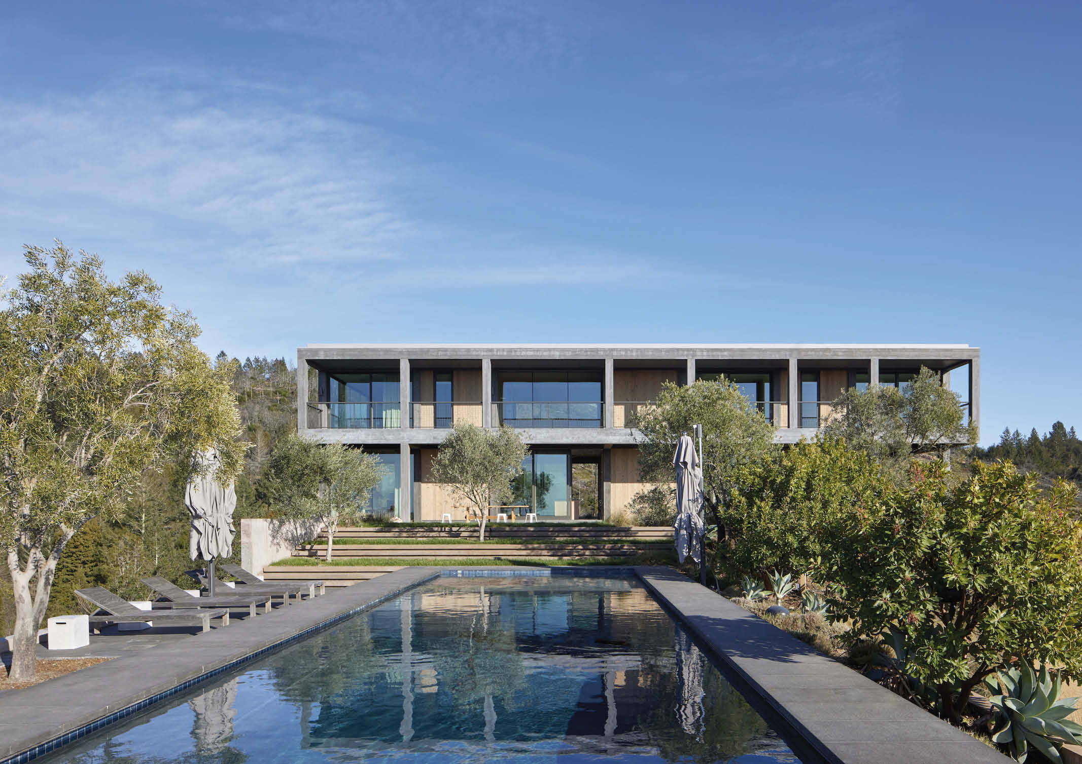A modern two storey house design made of concrete and wooden accents featuring a grid system and an outdoor pool.