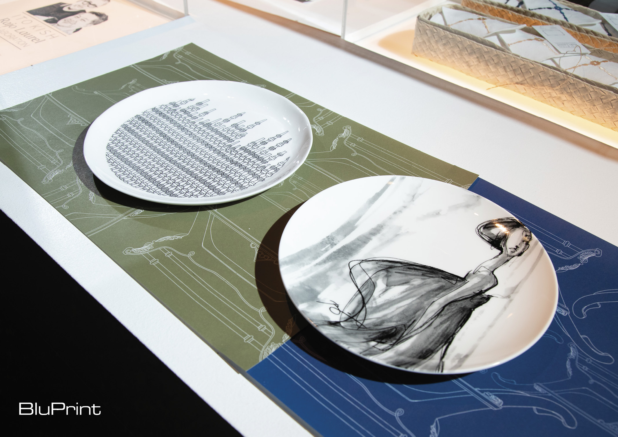 plates featuring fashion illustration and Filipino motifs by Rajo Laurel