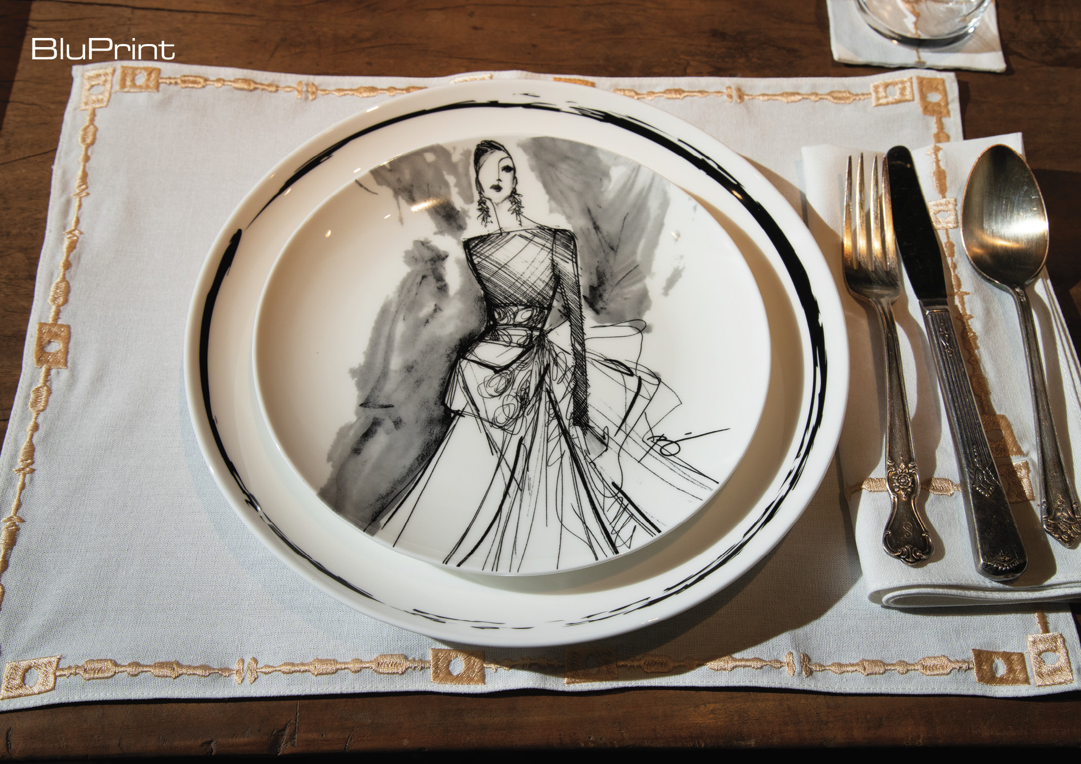 charger and plate featuring fashion illustration design by Rajo Laurel