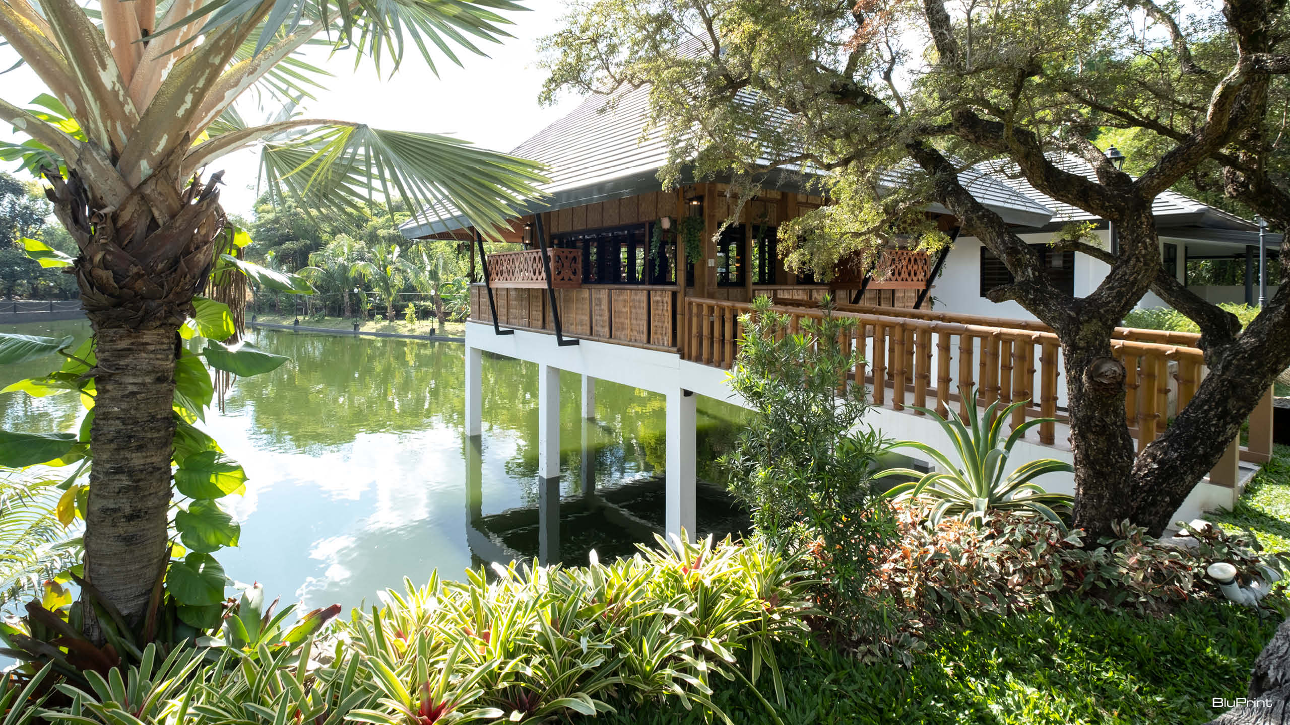 A short bridge leading to a modern bahay kubo built above a lake.