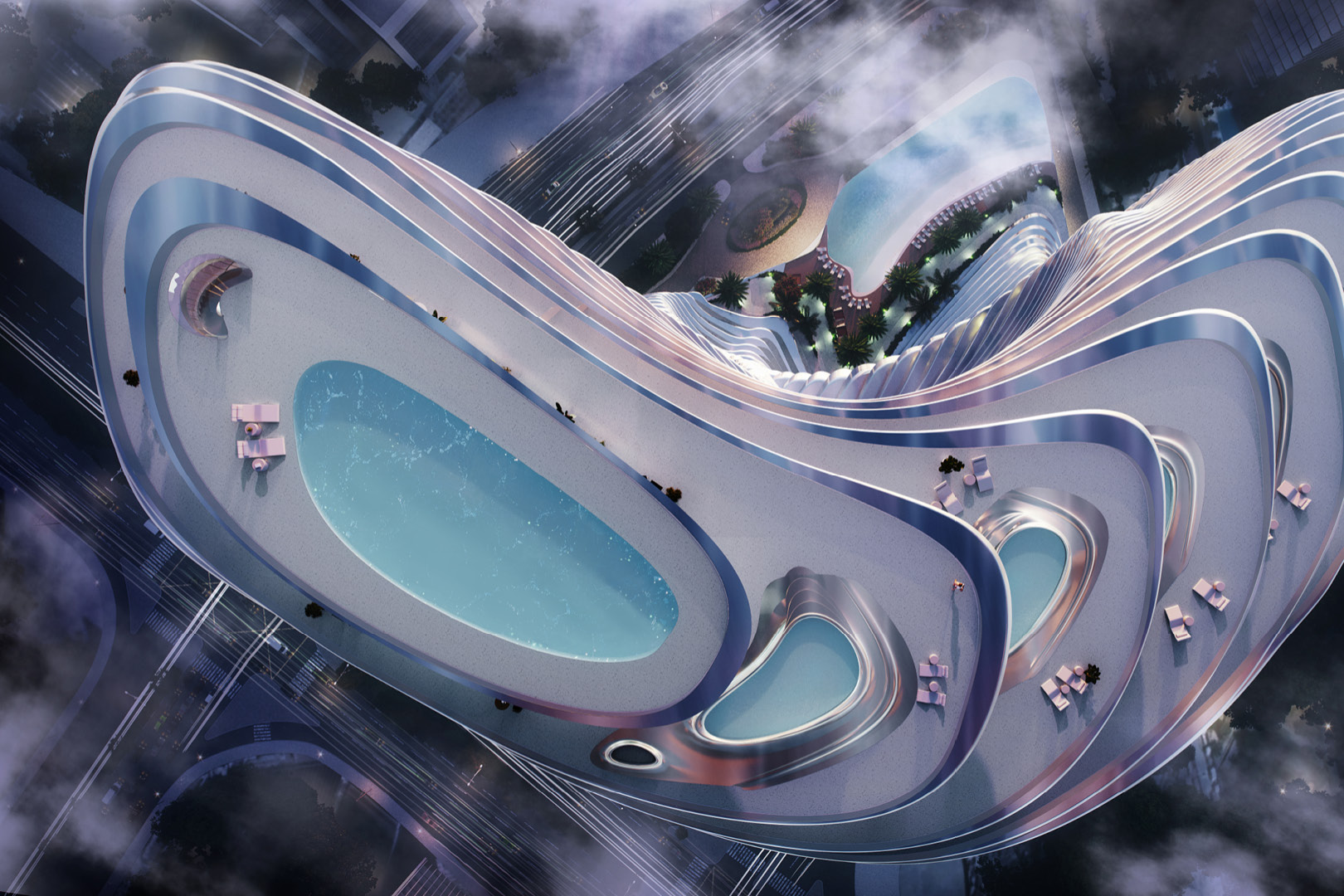 An aerial view of The Bugatti Residence shows the set of pools topping the building.