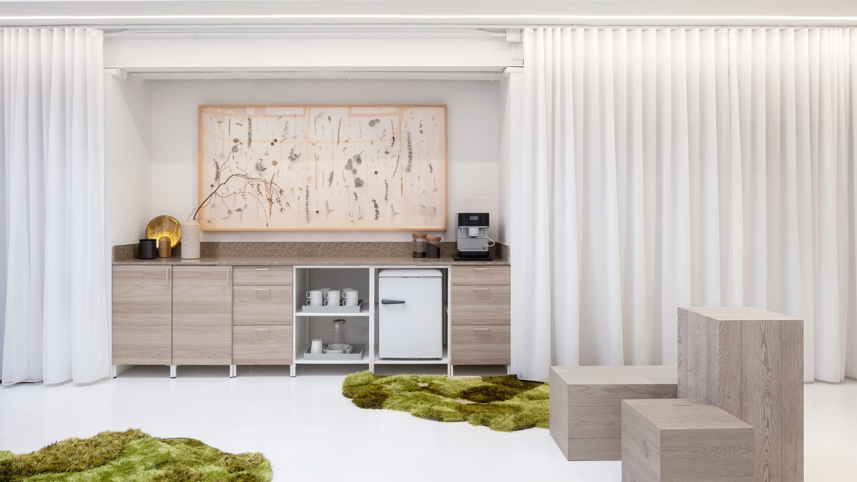 Mason Studio's modern minimalist pantry area that uses light fabrics and materials.