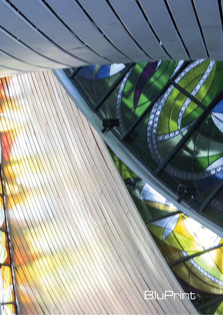 Detail shot of the stained glass art on the ceiling of Our Lady of Lourdes Chapel