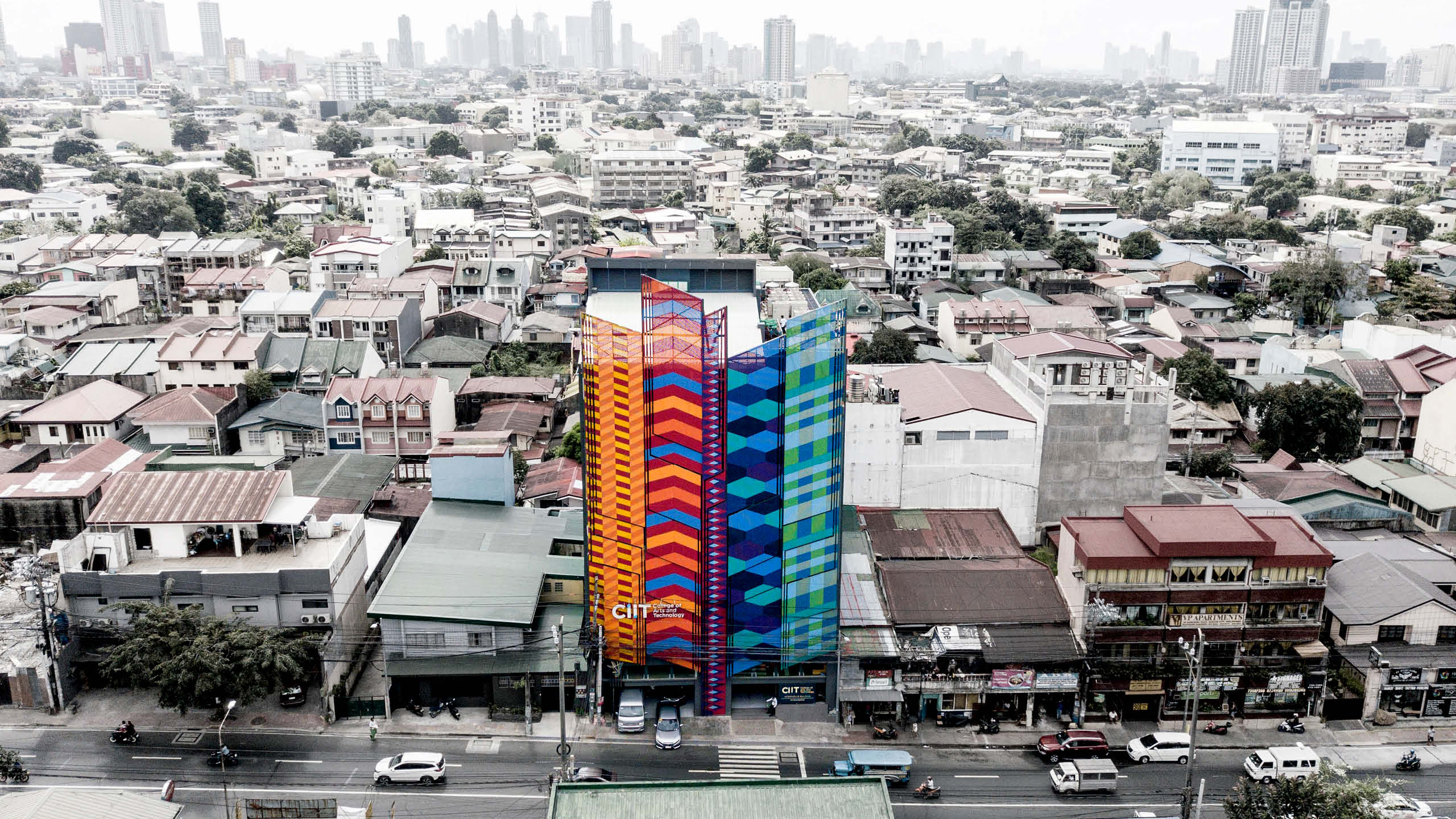 Aerial shot of CIIT College of Arts and Technology campus with its colorful facade.