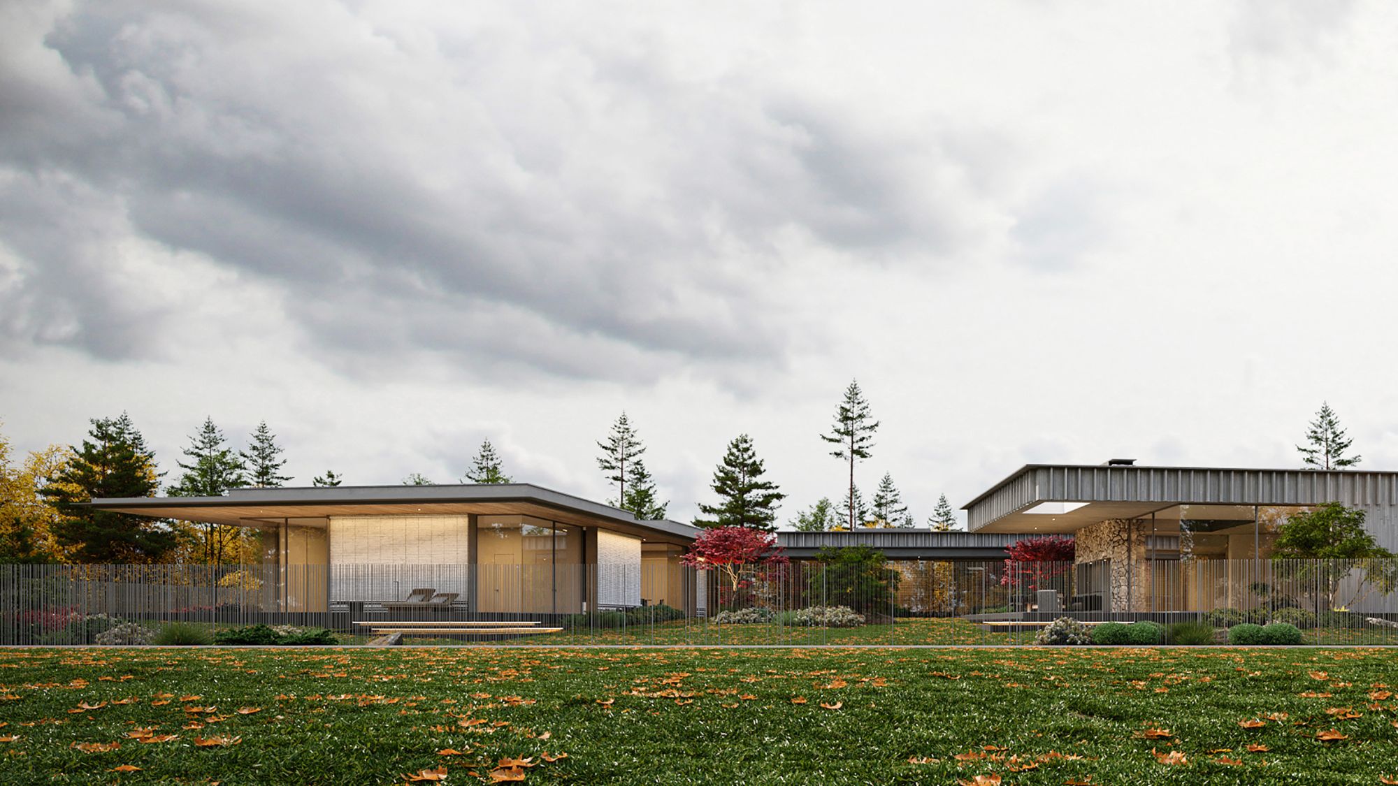 A modern bungalow house design with flat roofs and clean lines with glass, brick, and wood facades.