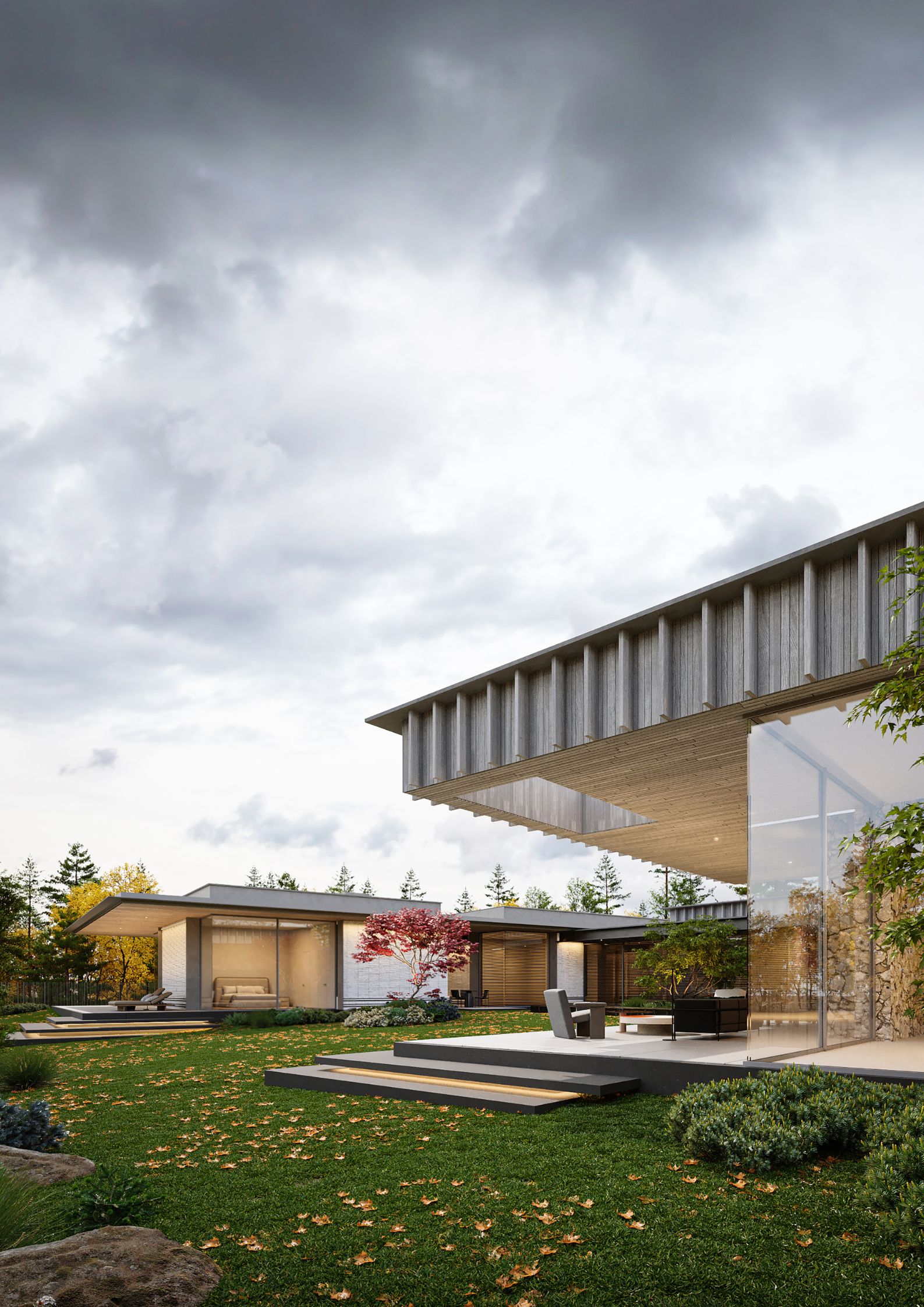 A modern bungalow house design with flat roofs and clean lines with glass, brick, and wood facades.
