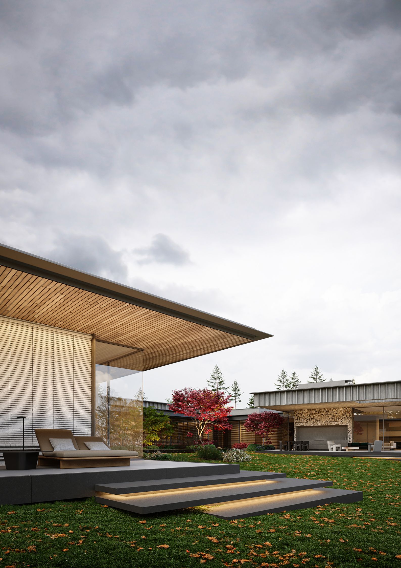 A modern bungalow house design with flat roofs and clean lines with glass, brick, and wood facades.