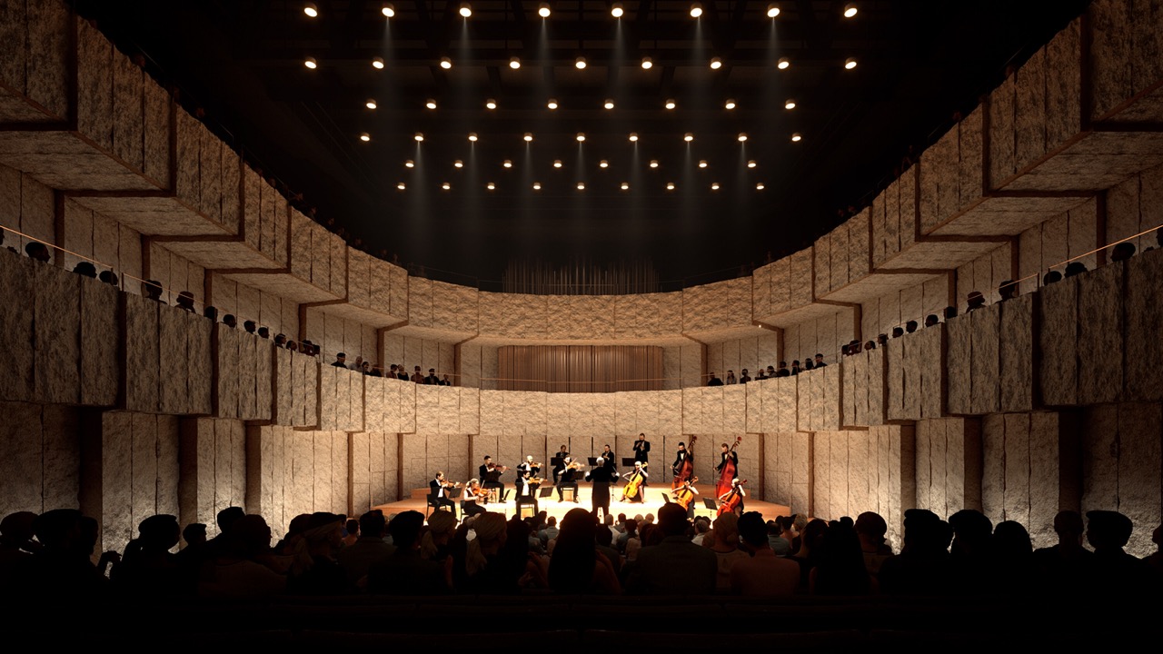 Small Stone Hall with orchestra.