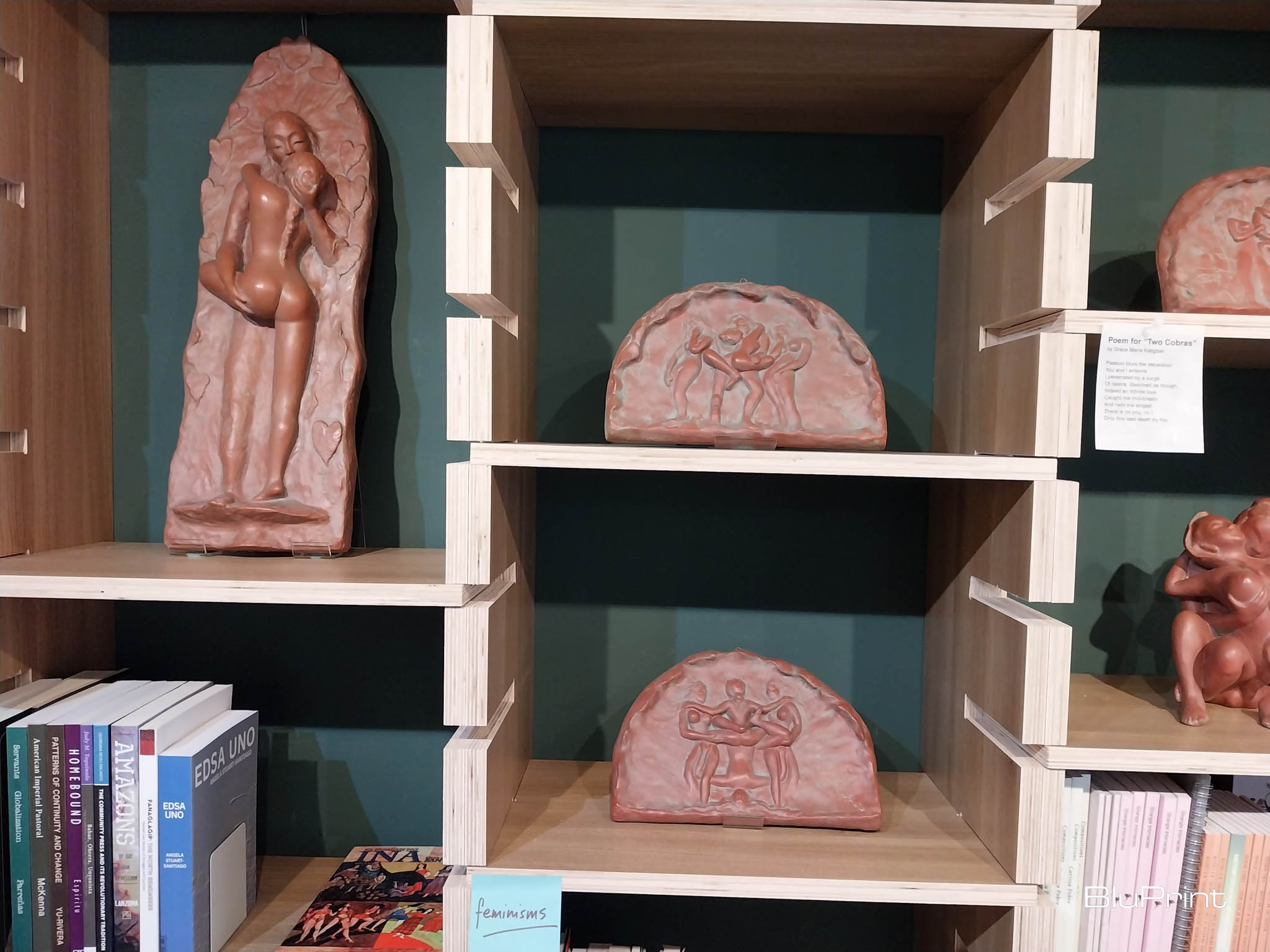 Some of the works as presented in the bookshelves. Photo by Elle Yap.