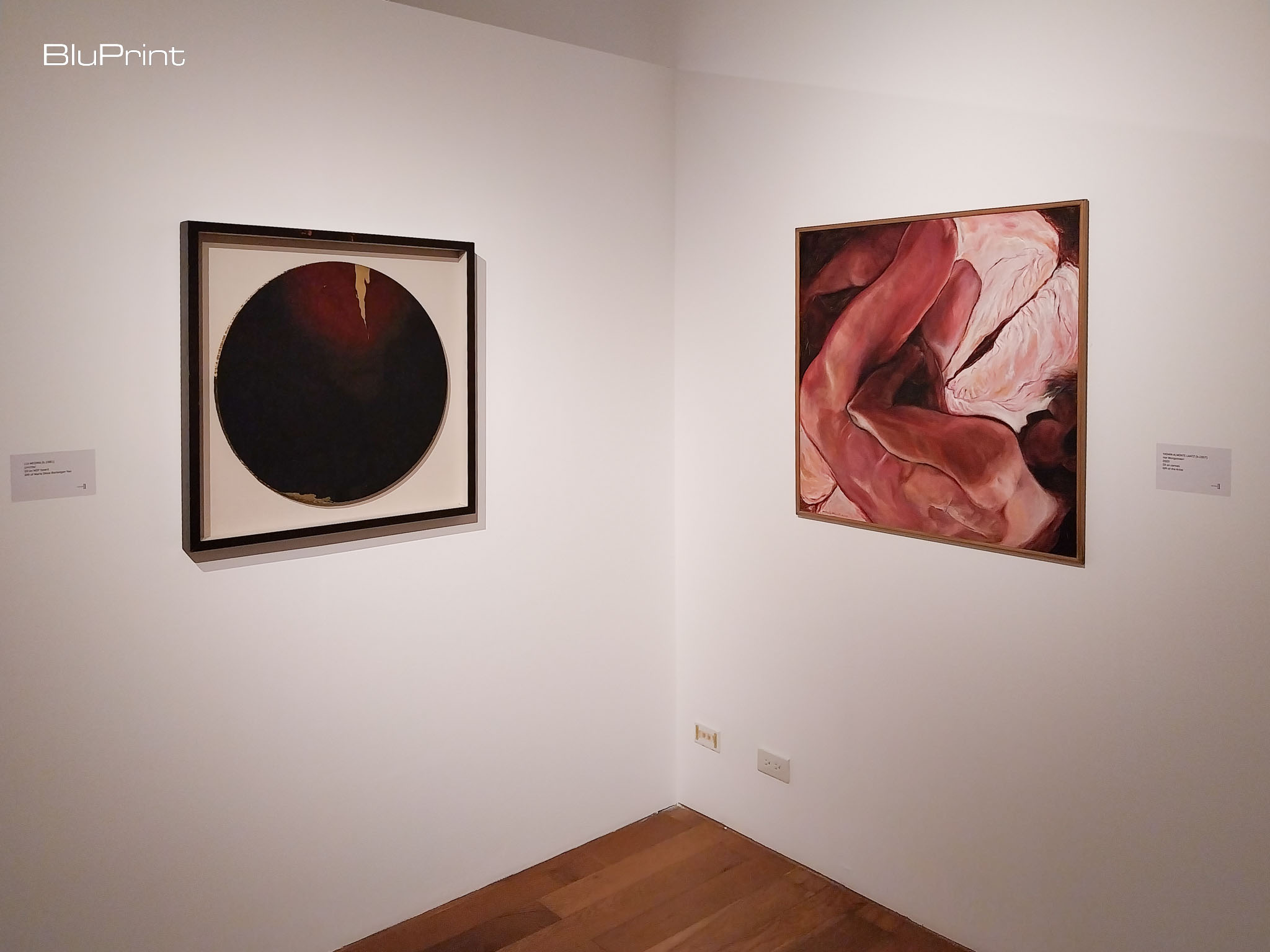 Two paintings in the corner of the exhibit. Photo by Elle Yap.