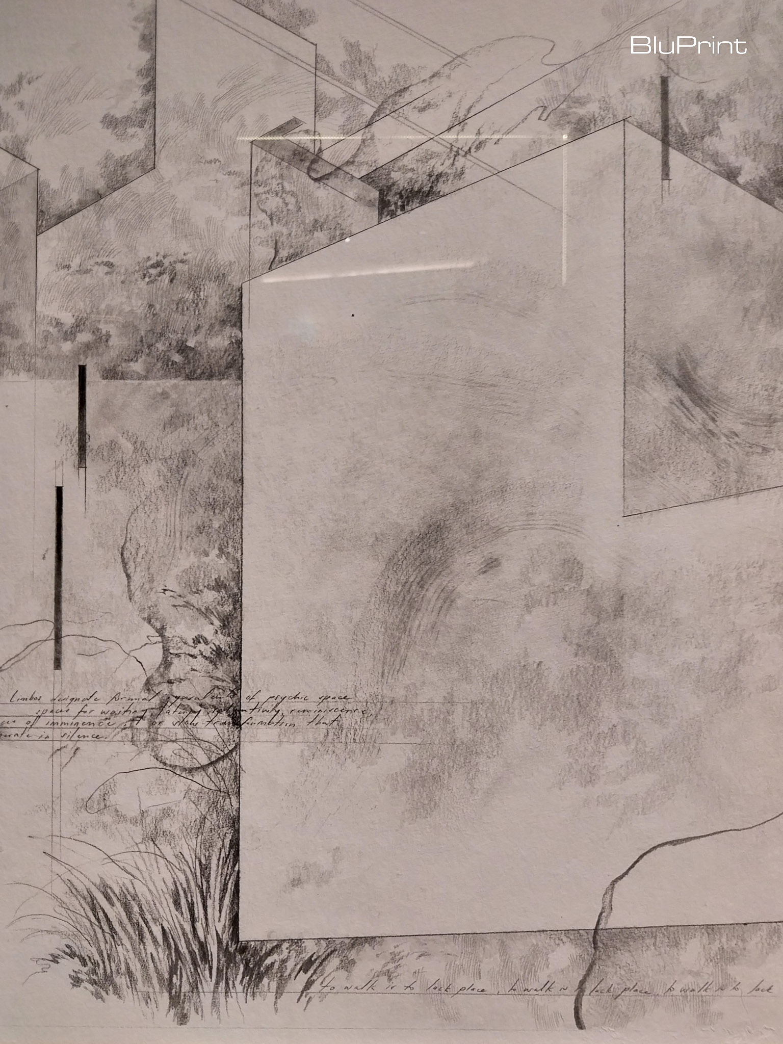 A drawing of ghost buildings and fauna from Jem Magbanua's exhibit. Photo by Elle Yap.