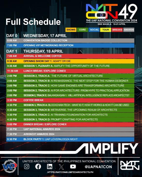 Schedule of Day 0 & 1 for the United Architects of the Philippines' (UAP) National Convention.