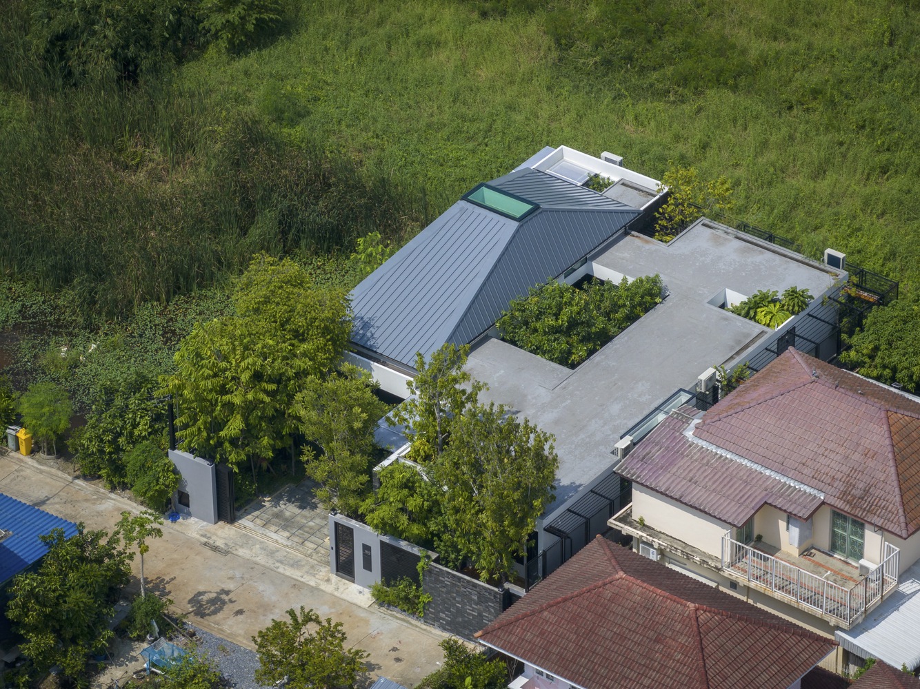 Birds-eye-view of houses.