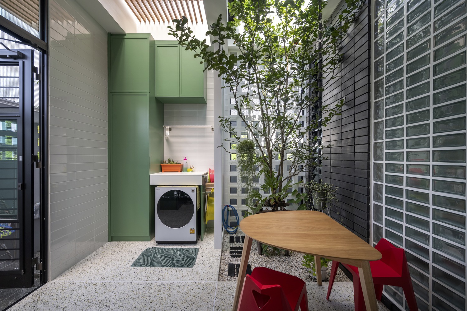 kitchen with tree inside.