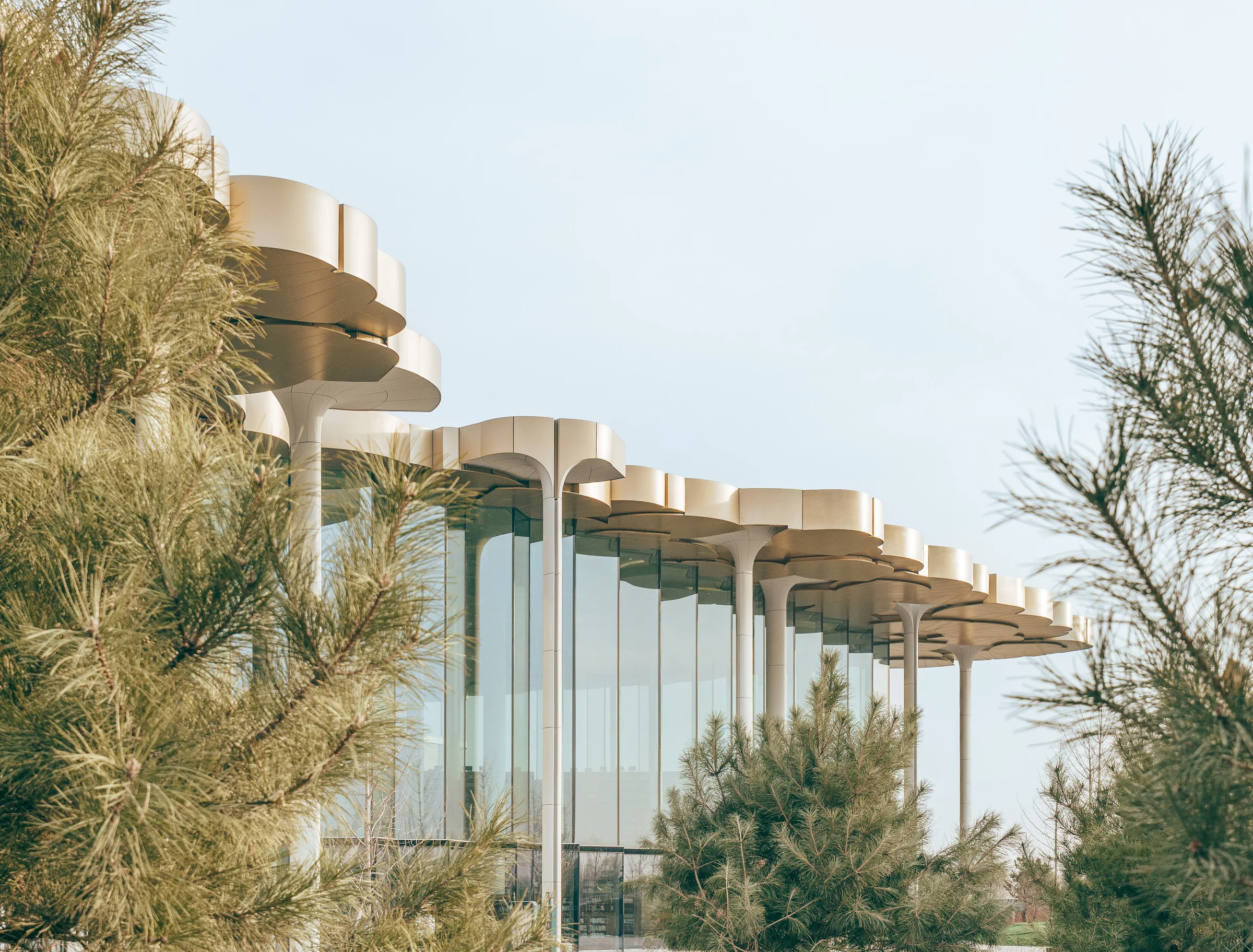Exterior of Beijing City Library, with tall columns and round roofs mimicking trees.