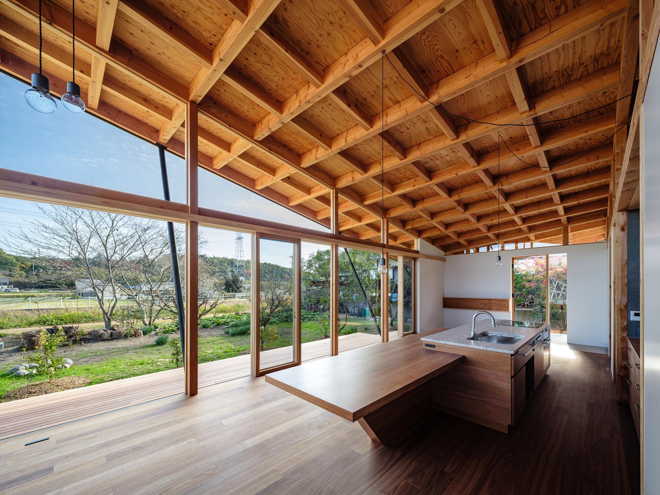 The kitchen area and glass doors. Photo by Takashi Uemura.