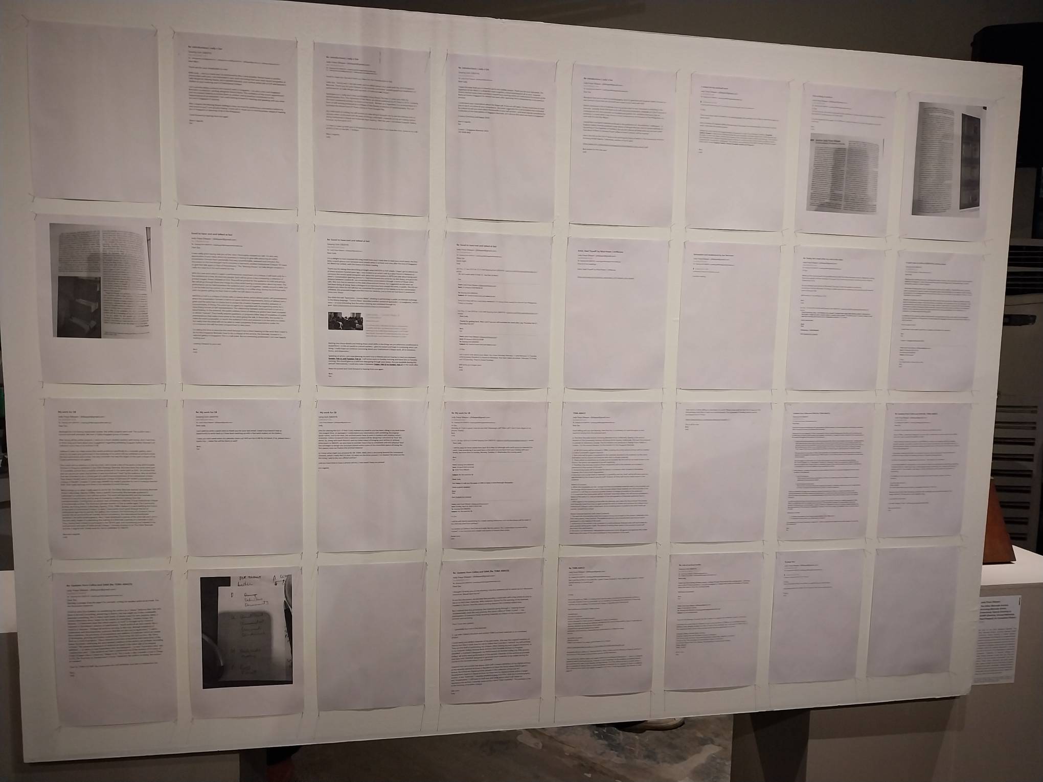 The board containing Judy Freya Sibayan’s emails to the Singapore Biennale. Photo by Elle Yap.