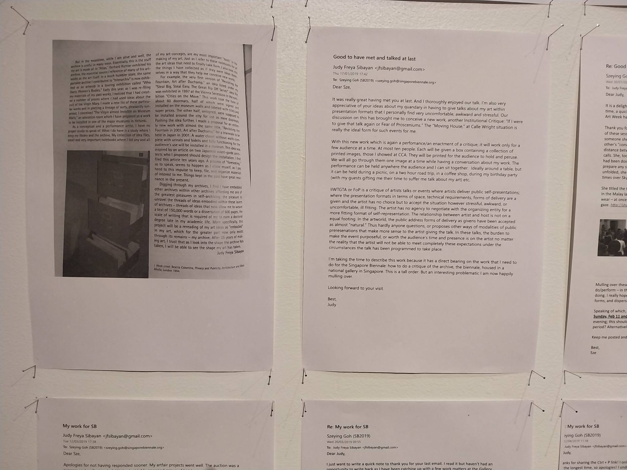 One of the emails to the Singapore Biennale in Judy Freya Sibayan’s work. Photo by Elle Yap.