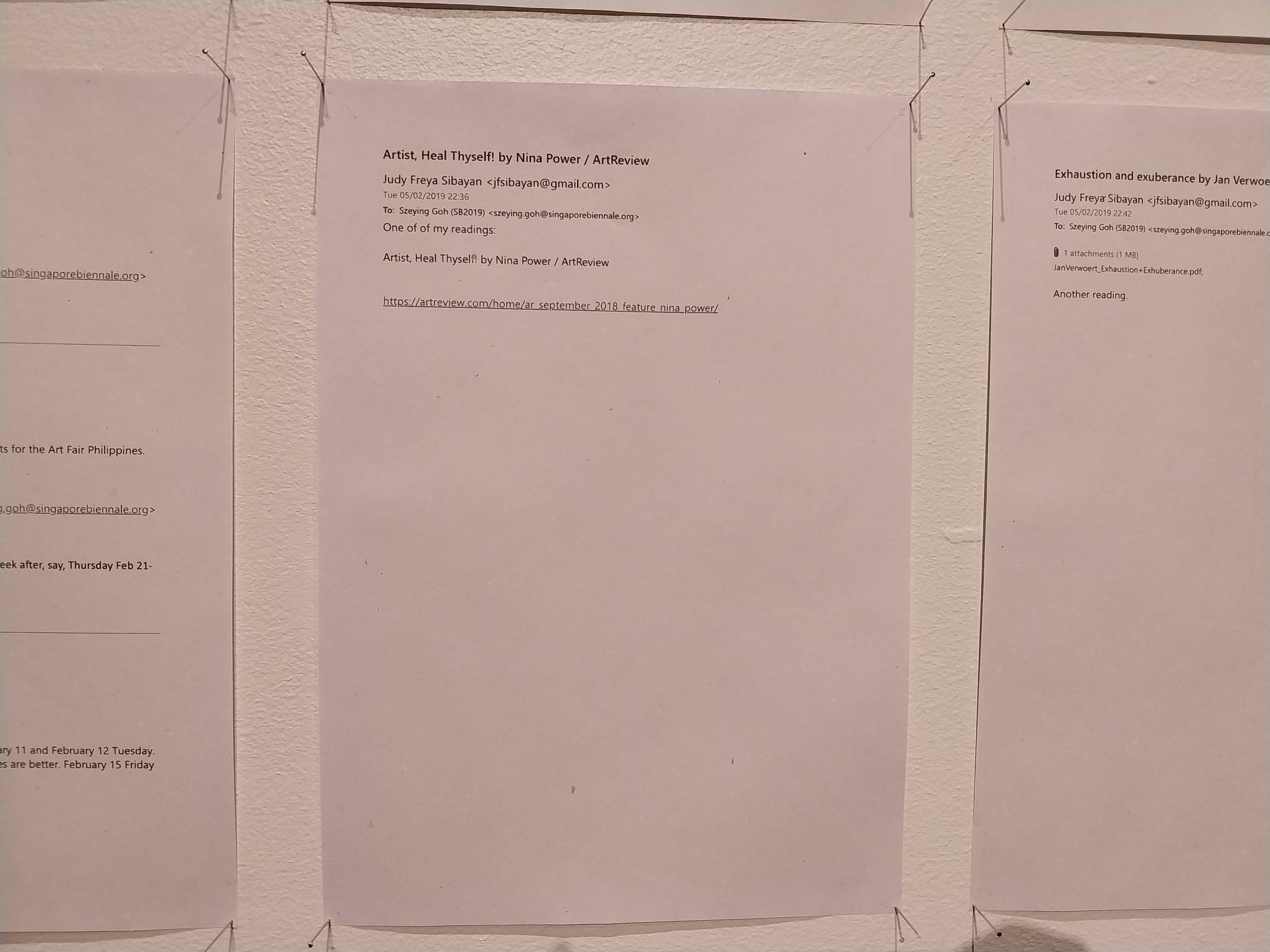 One of the emails to the Singapore Biennale in Judy Freya Sibayan’s work. Photo by Elle Yap.