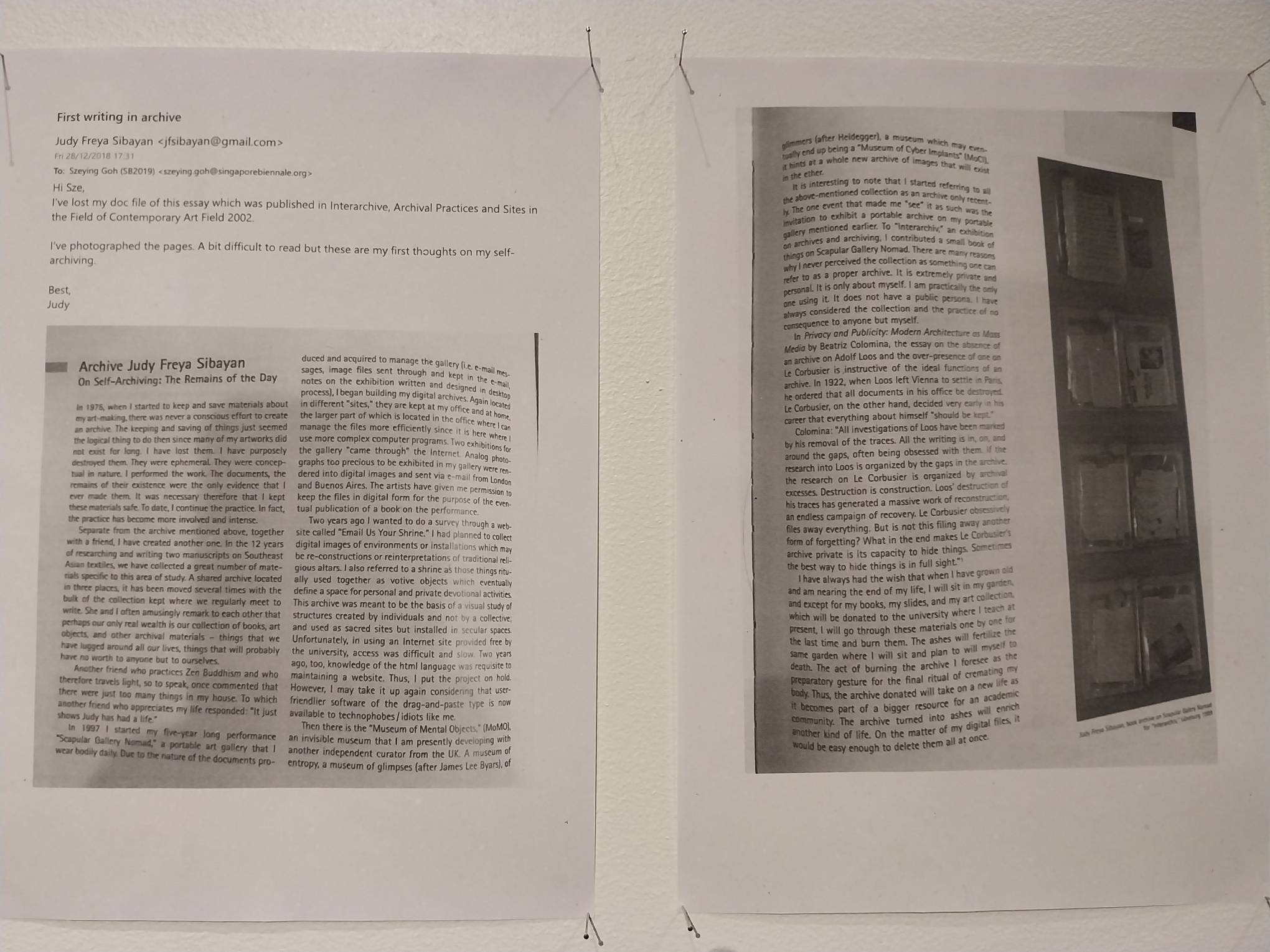 An email to the Singapore Biennale in Judy Freya Sibayan’s work. Photo by Elle Yap.