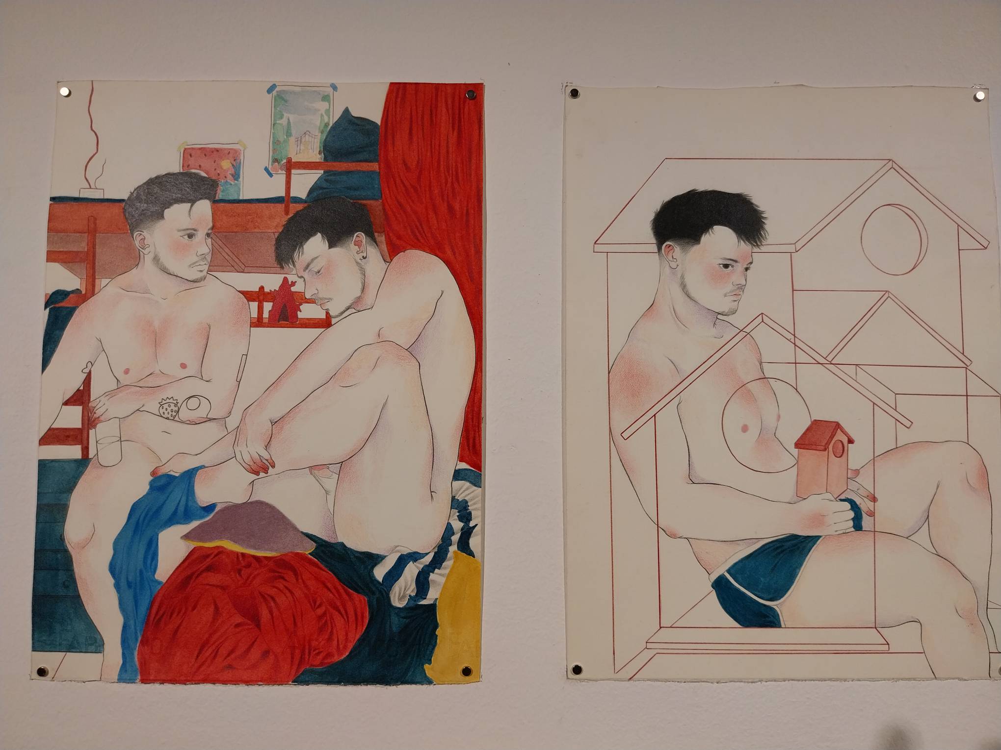 Two works by DJ Amago depicting two individuals within their safe space. Photo by Elle Yap.