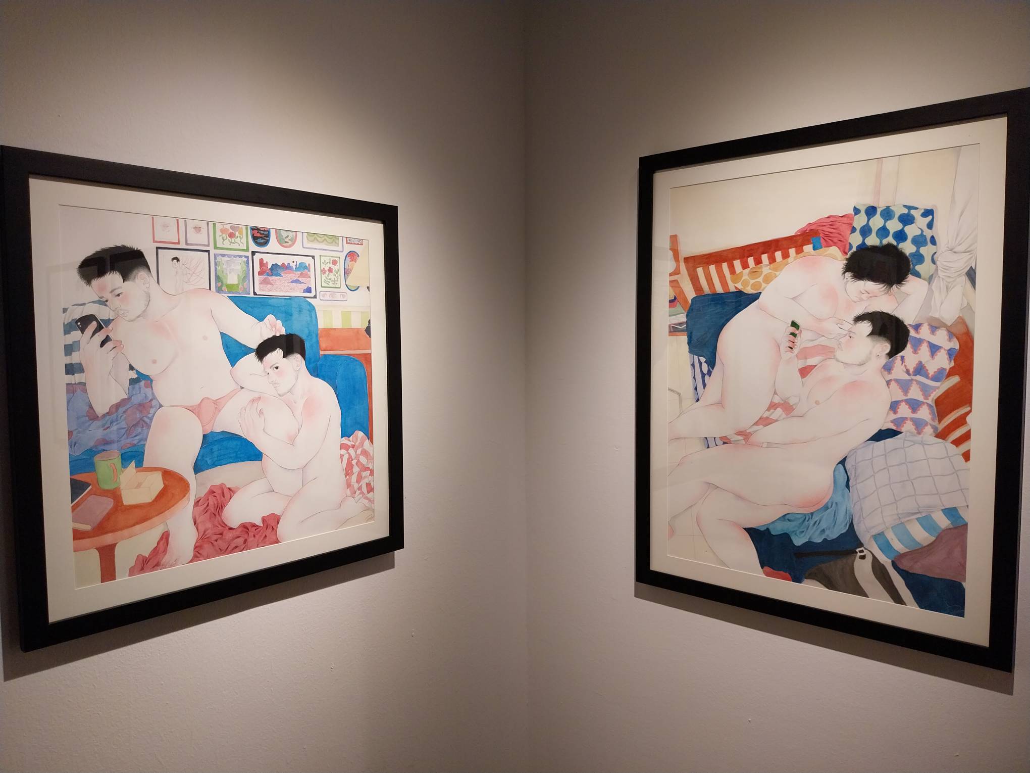 "Before Bed" and "Saturday" depicting safe spaces of queer individuals. Photo by Elle Yap.