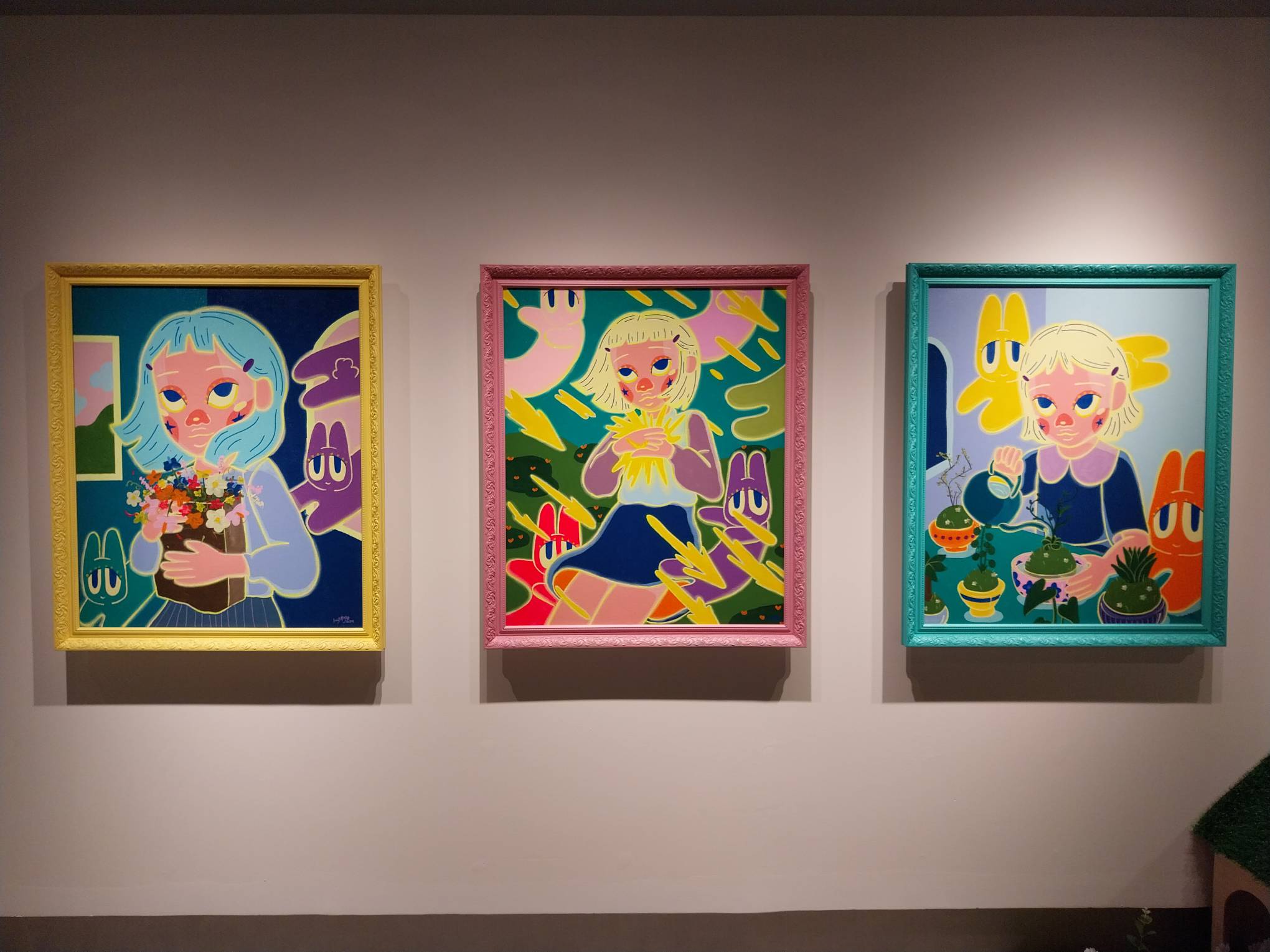 Series of three paintings by Kim Borja. Photo by Elle Yap.