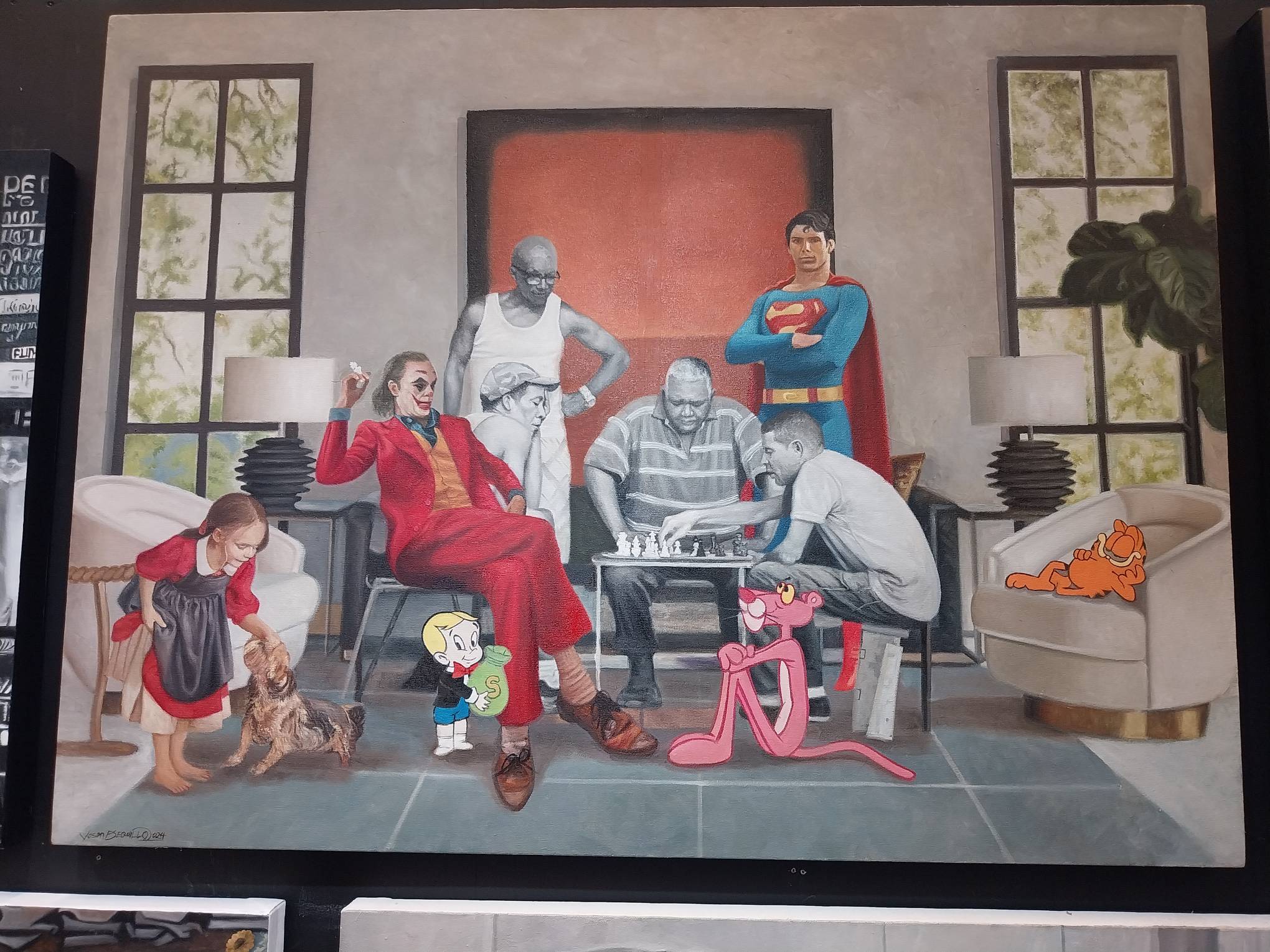 A painting with multiple pop culture characters sitting in a living room together. Photo by Elle Yap.