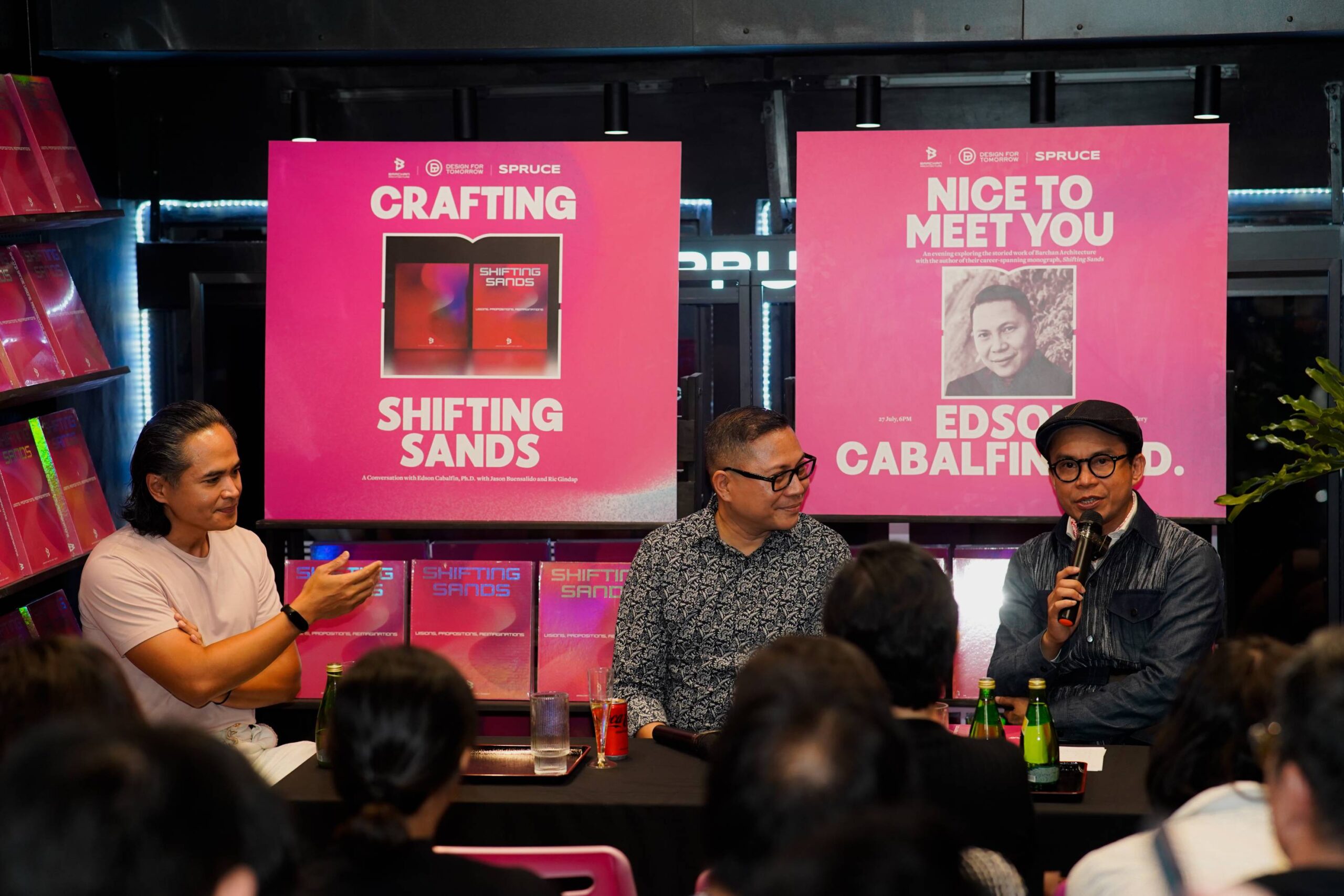 [From left] Jason Buensalido, Edson Cabalfin, and Ric Gindap for the"Shifting Sands" talk at Spruce Gallery. Photo by Omar Villanueva.