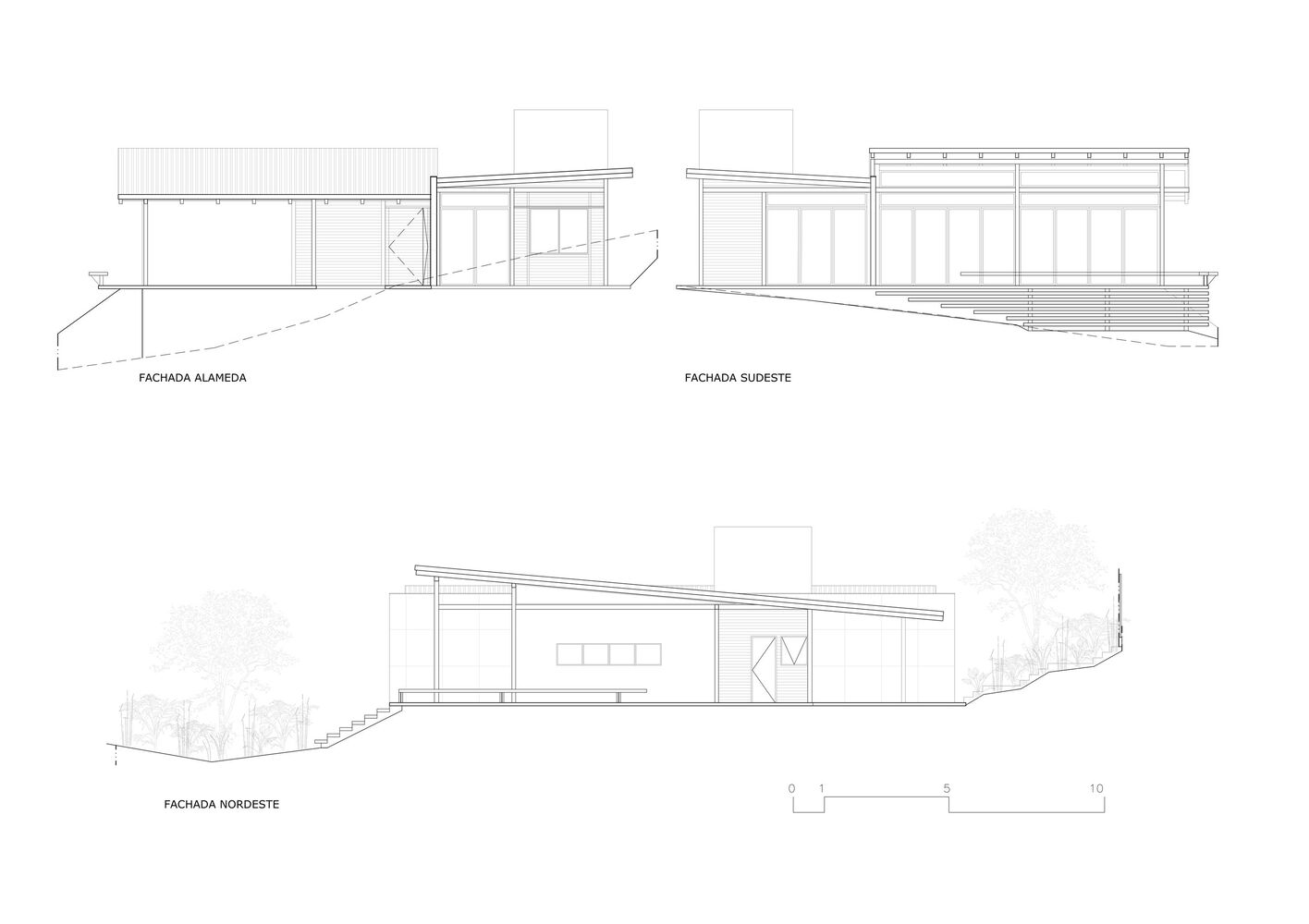 Sketches of Castanheiras House showing off the slope of the building. Photo from Mateus Castilho + Patricia Bueno.