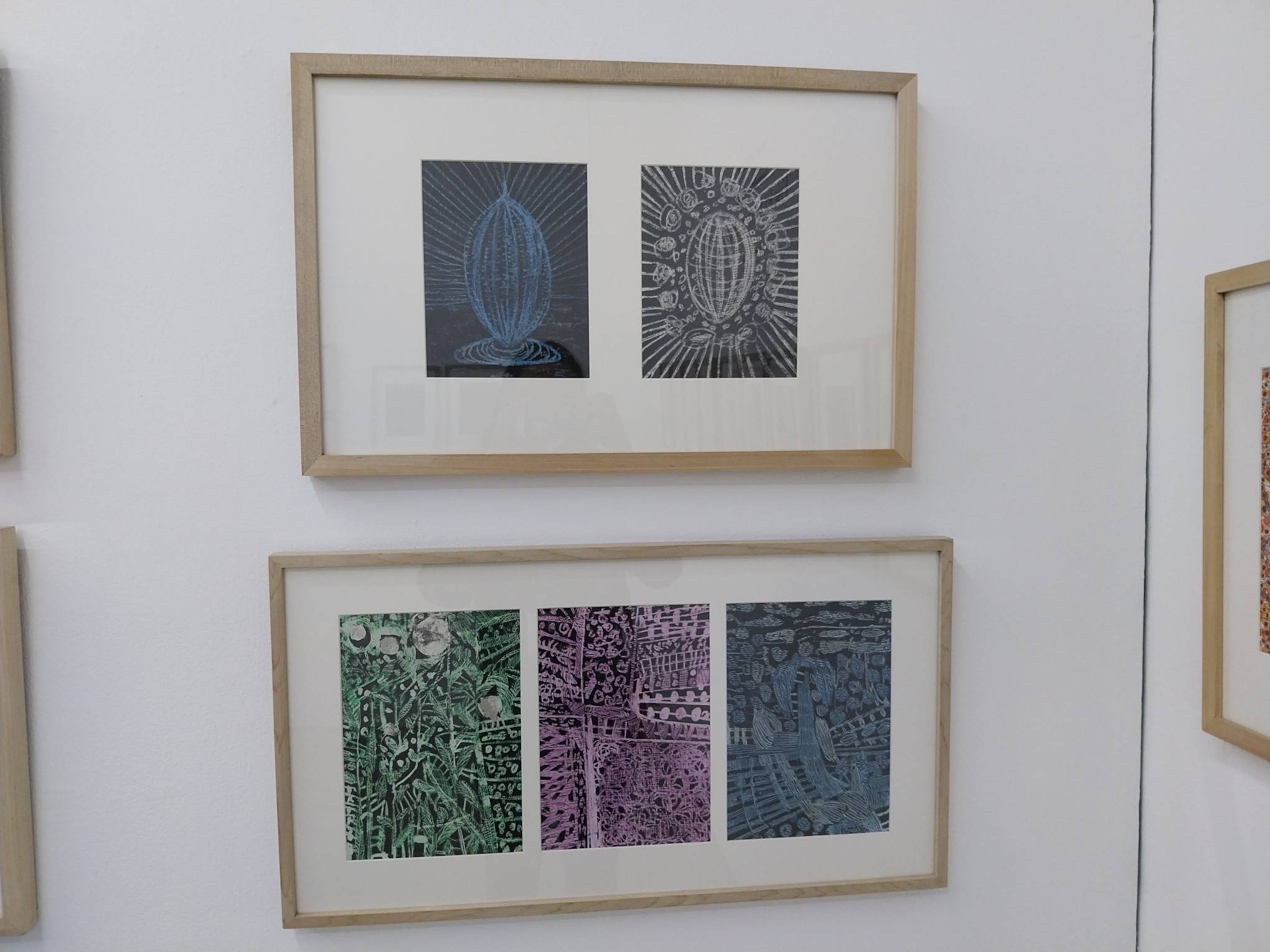 Five works in the "Serendipity Flukes" art exhibit. Photo by Elle Yap.