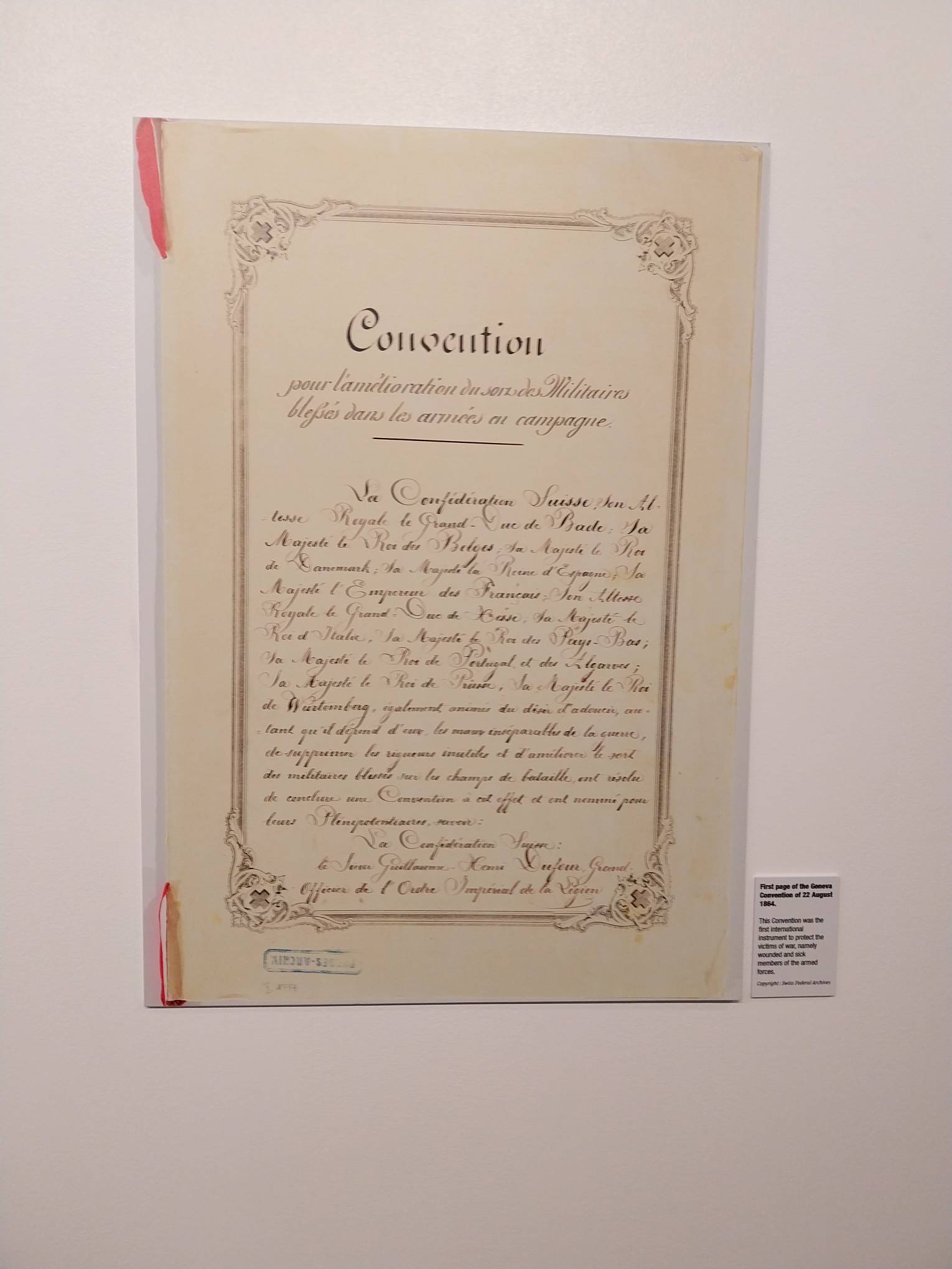 The first page of the original Geneva Convention treaty in 1864. Picture by Elle Yap.