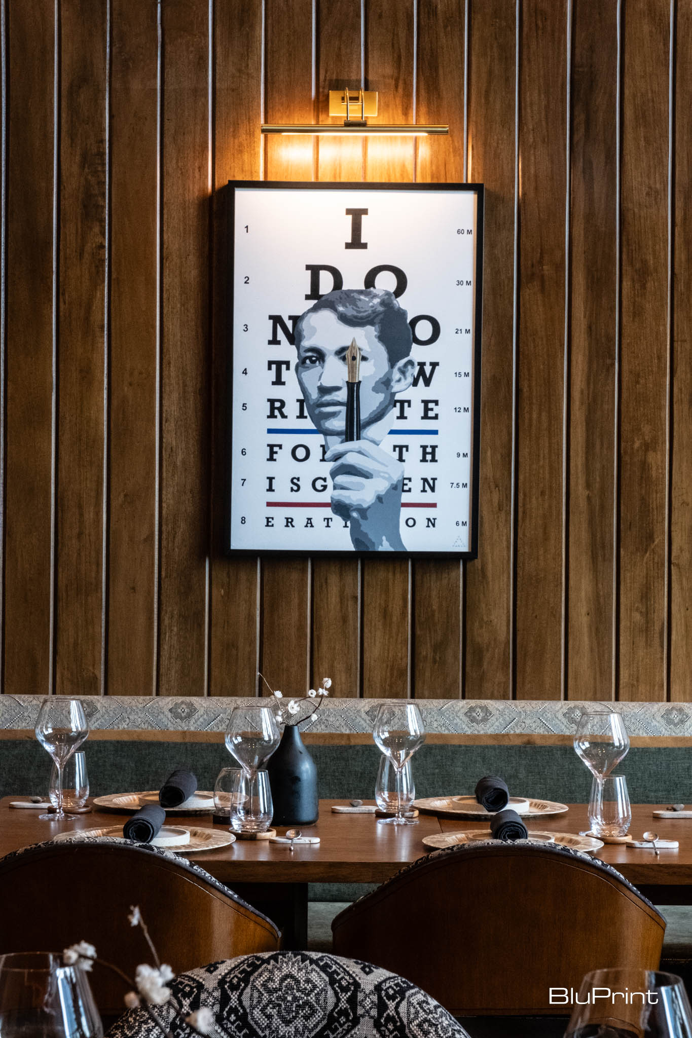 An artwork by Carlo Tanseco hanging on the wall in Hapag's main dining room.