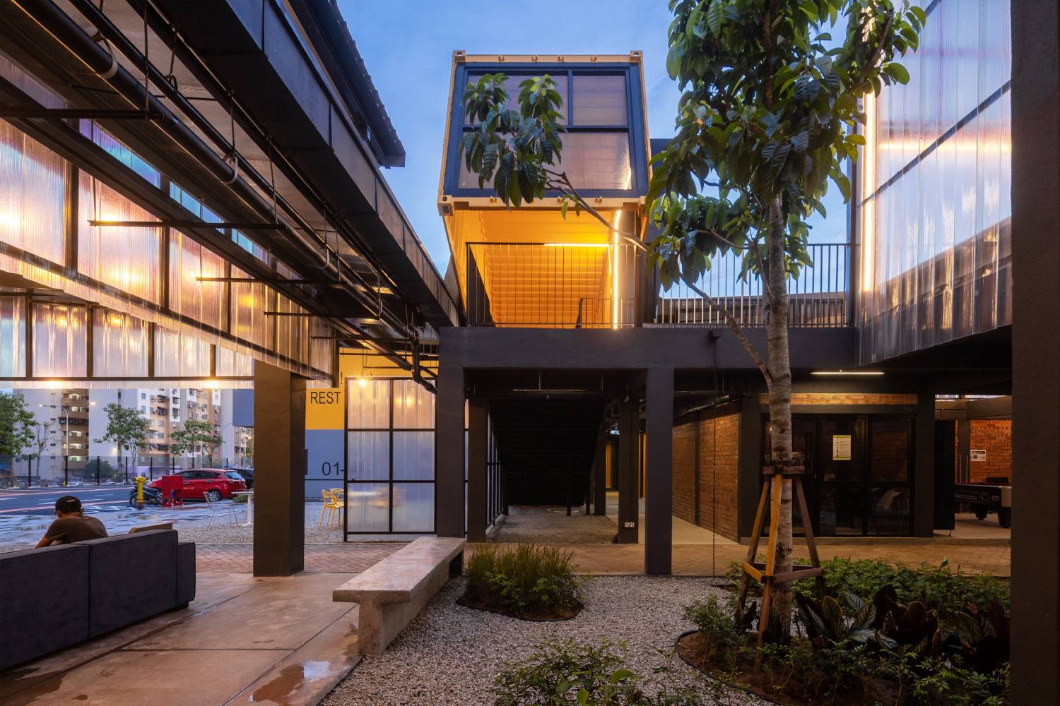 Part of the communal area at night. Photo by Pixelaw Photography.