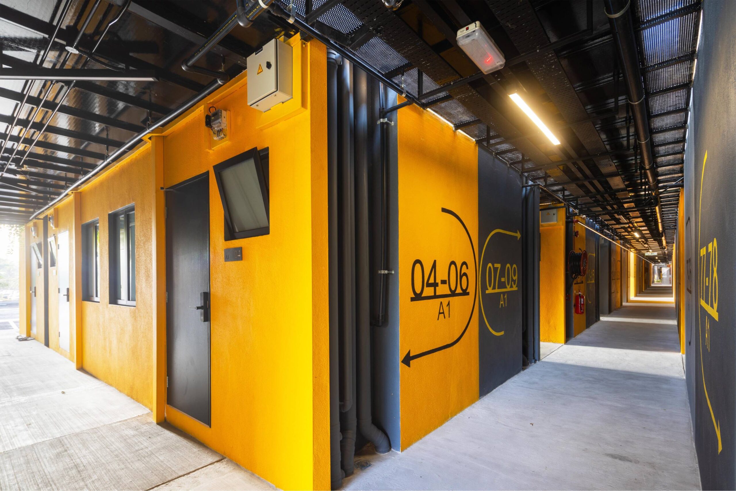 Exterior of the co-living rooms in SkyBlox Housing. Photo by Pixelaw Photography.