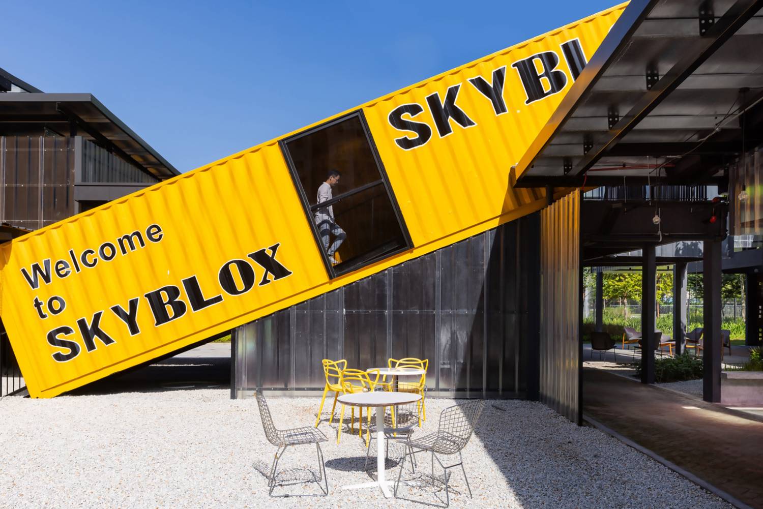 The recycled shipping container stairwell from the side. Photo by Pixelaw Photography.